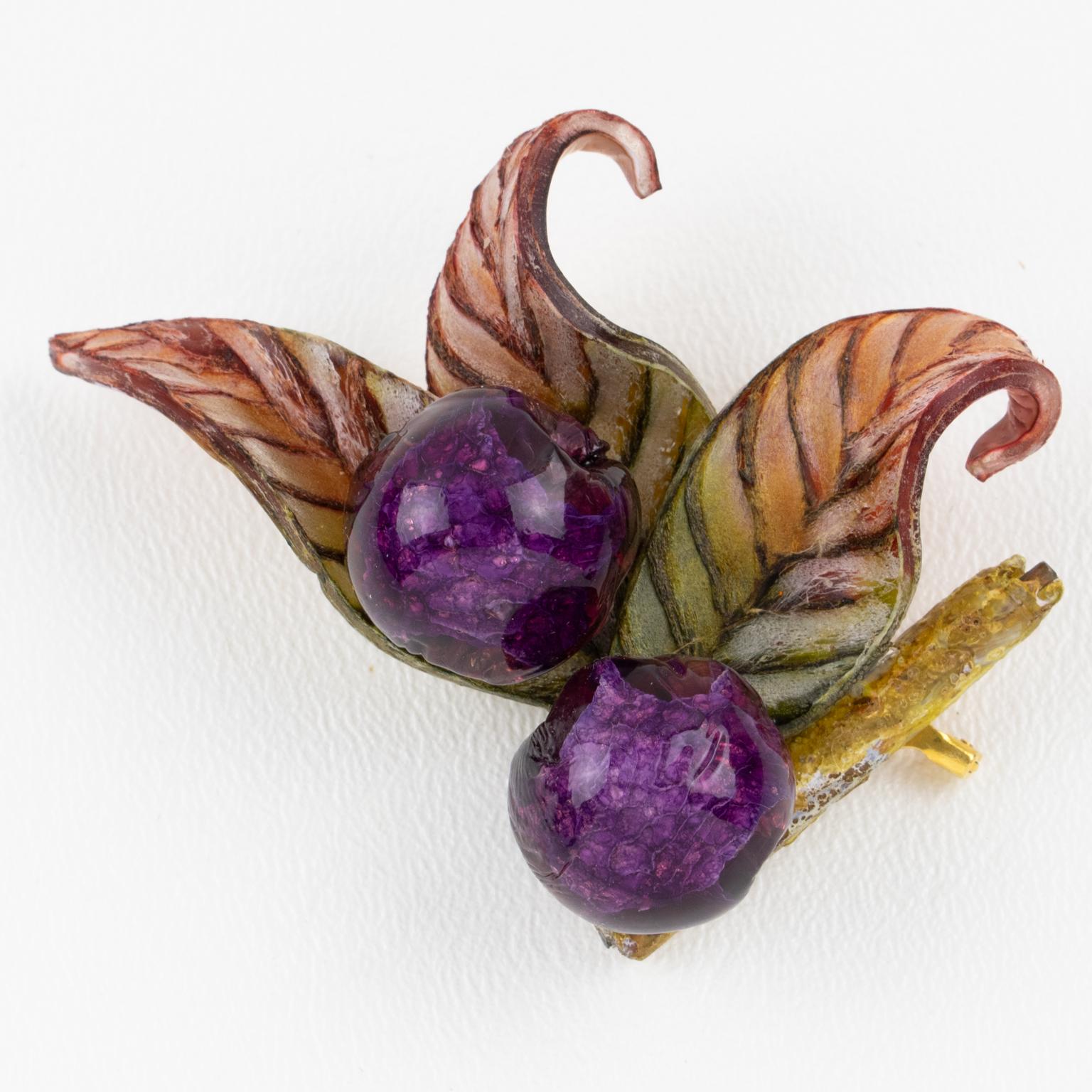 Women's or Men's Cilea Purple and Green Resin Floral Brooch For Sale
