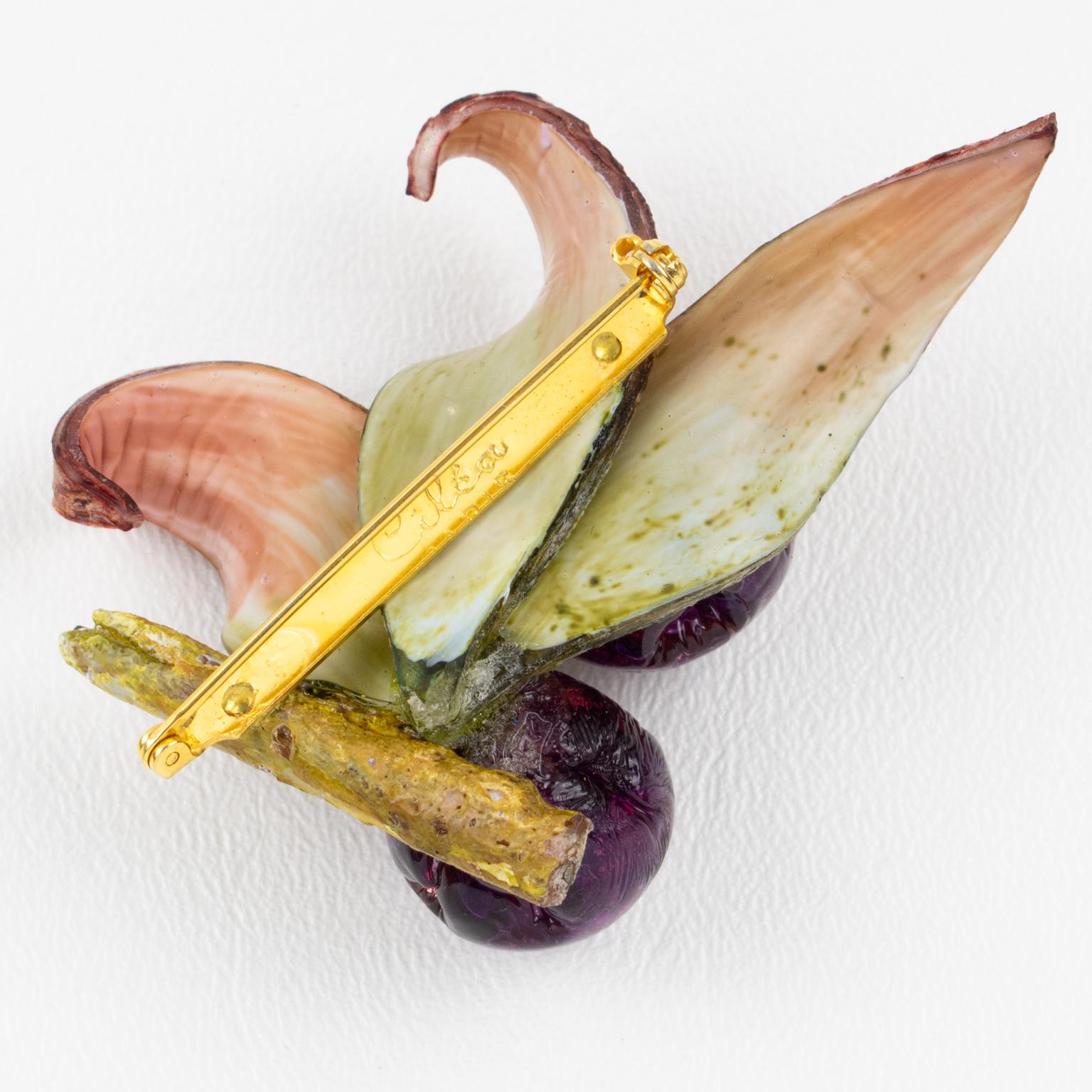 Cilea Purple and Green Resin Floral Brooch For Sale 1