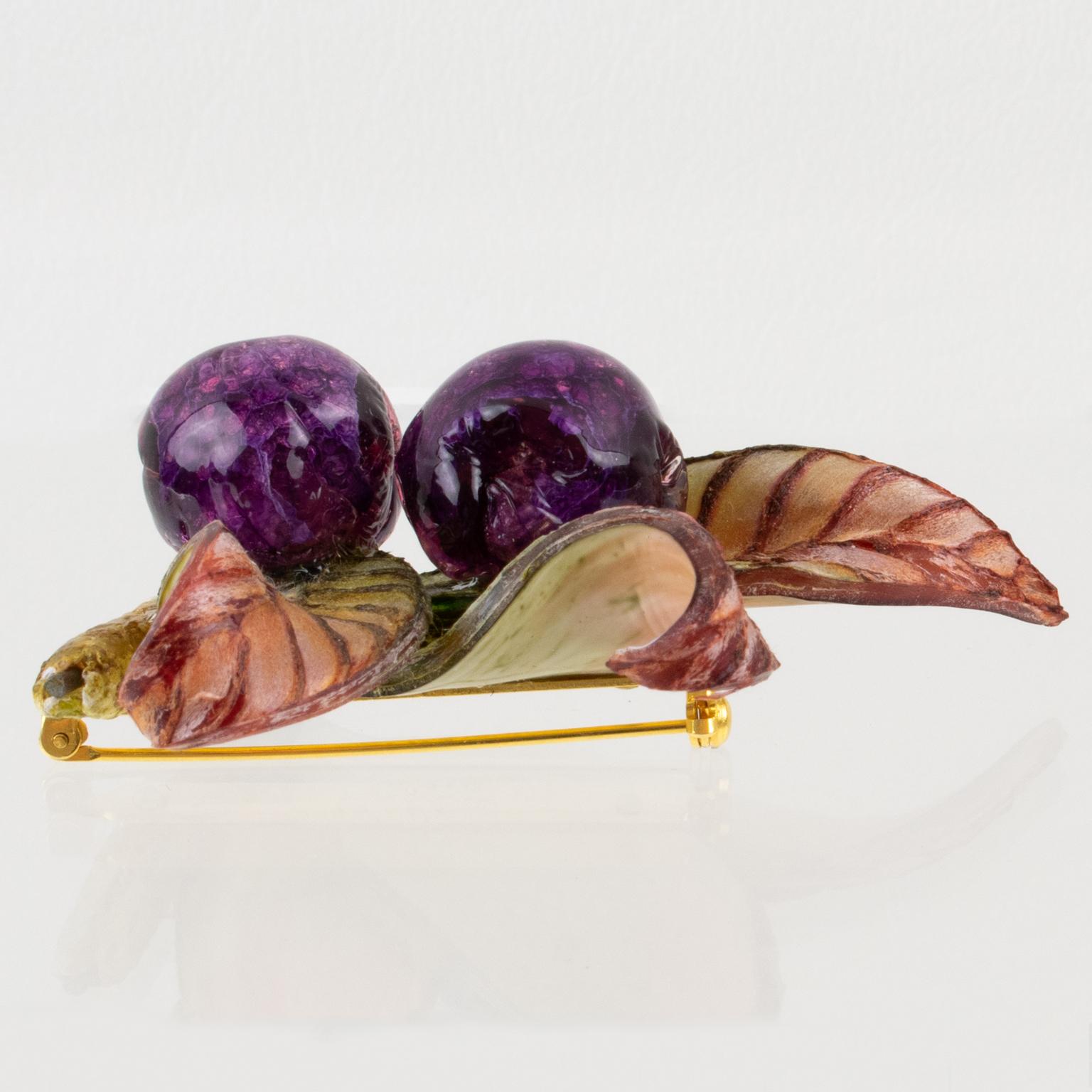 Cilea Purple and Green Resin Floral Brooch For Sale 3