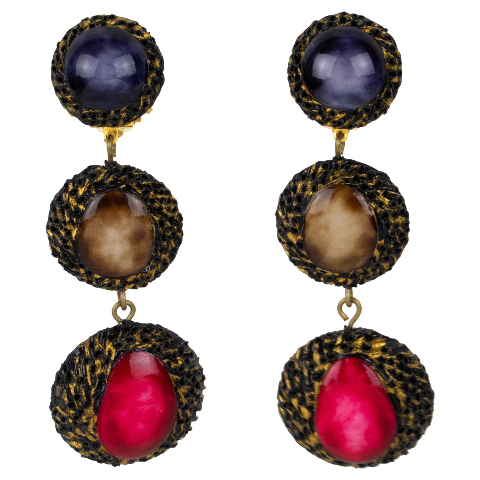 Pendientes colgantes de resina roja, beige y morada Cilea Paris en venta