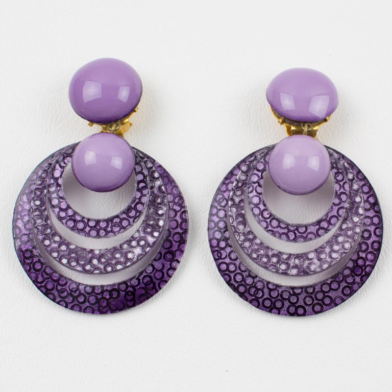 Cilea Paris Resin Clip Earrings Dangle Purple Rings at 1stDibs