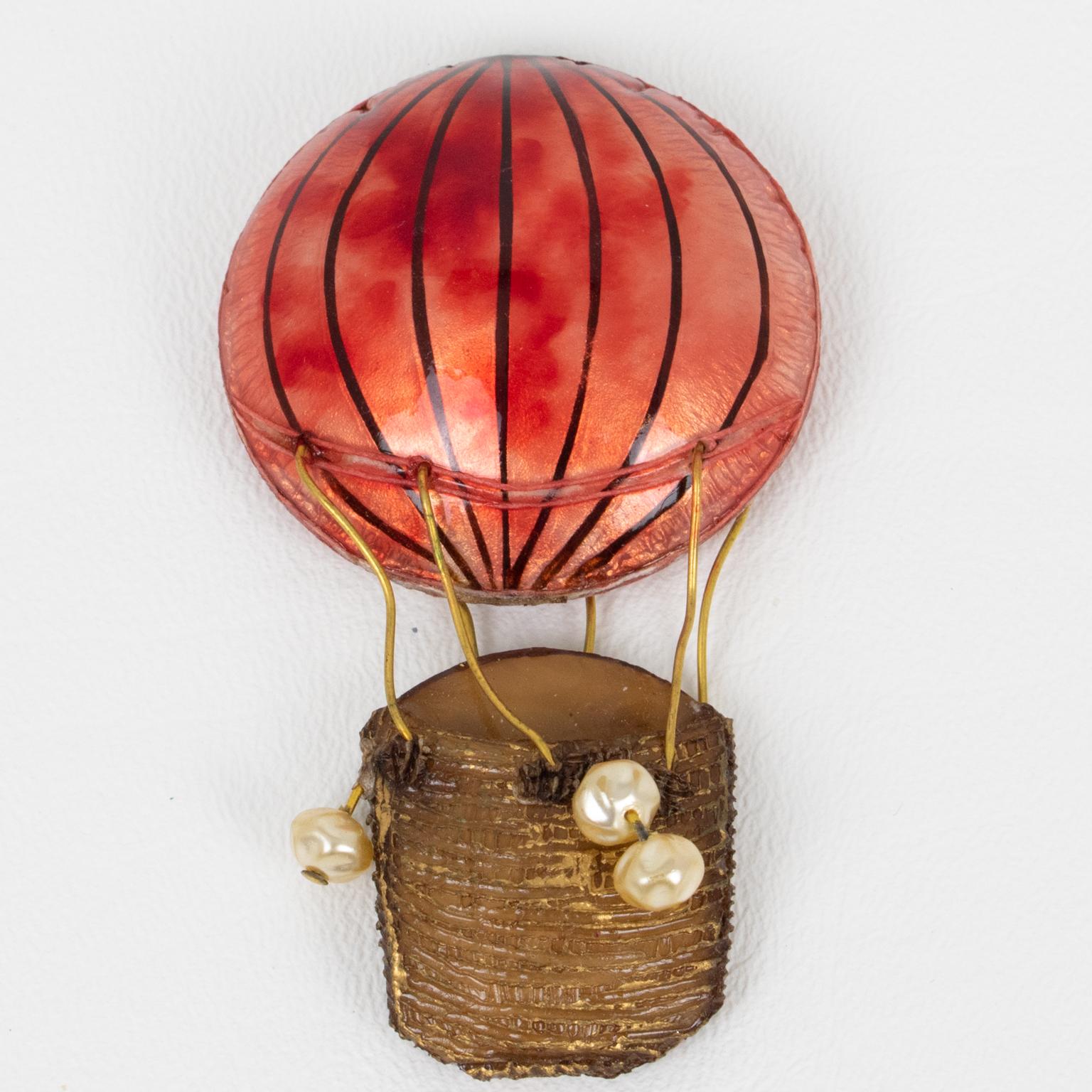 Modern Cilea Paris Resin Pin Brooch Playful Red and Brown Hot Air Balloon For Sale