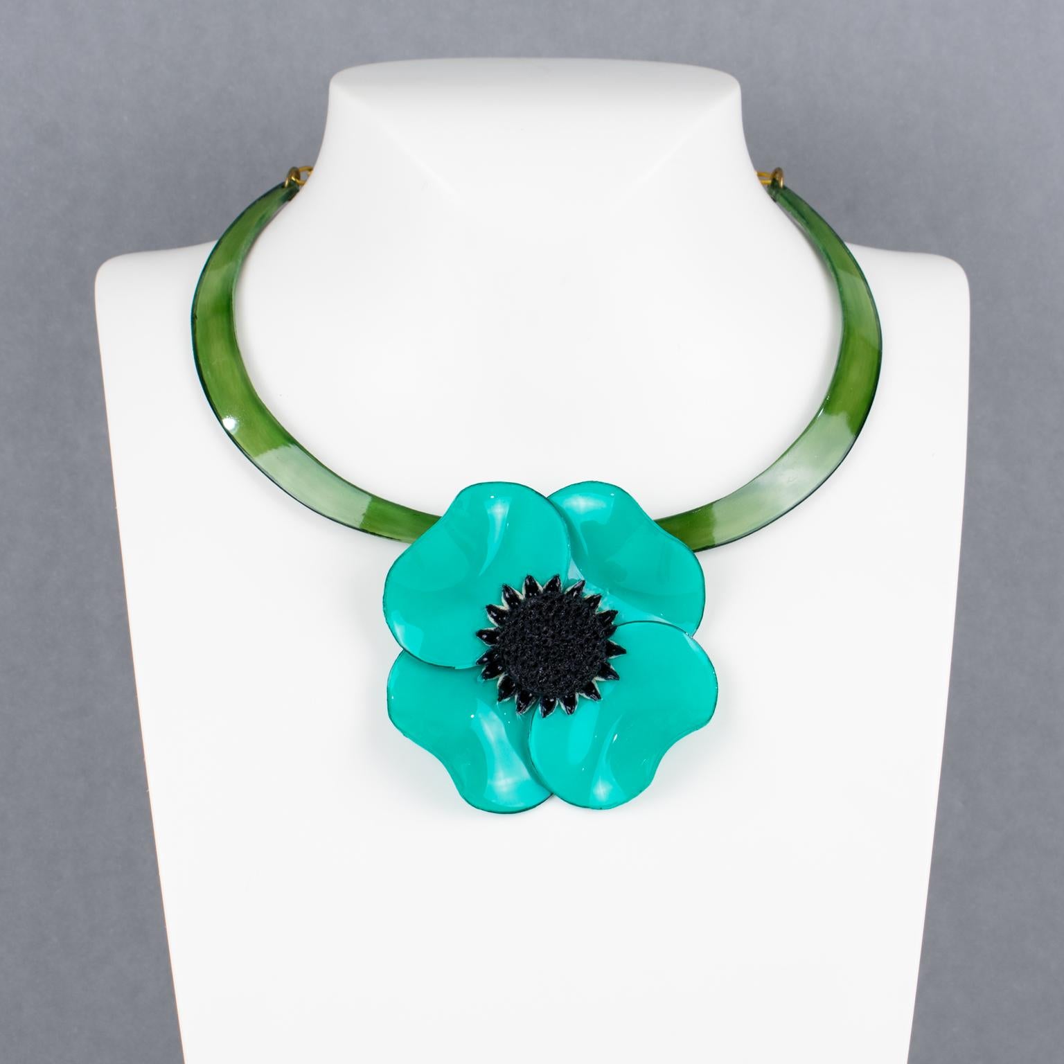 Romantic Cilea Paris Turquoise Green Poppy Flower Resin Necklace For Sale