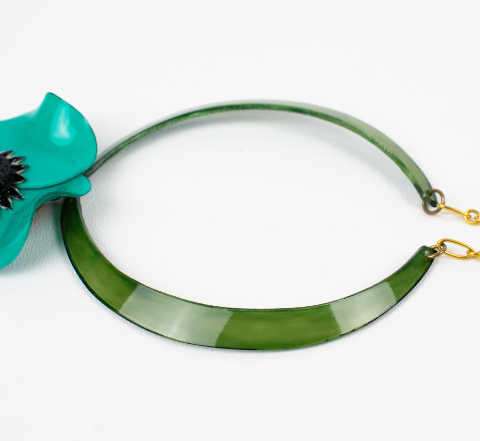Cilea Paris Turquoise Green Poppy Flower Resin Necklace For Sale 2