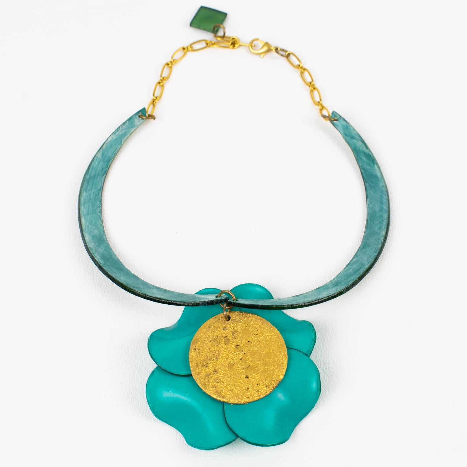 Cilea Paris Turquoise Green Poppy Flower Resin Necklace For Sale 4