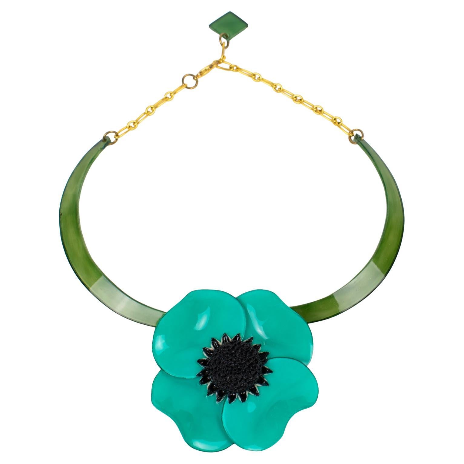 Cilea Paris Turquoise Green Poppy Flower Resin Necklace For Sale
