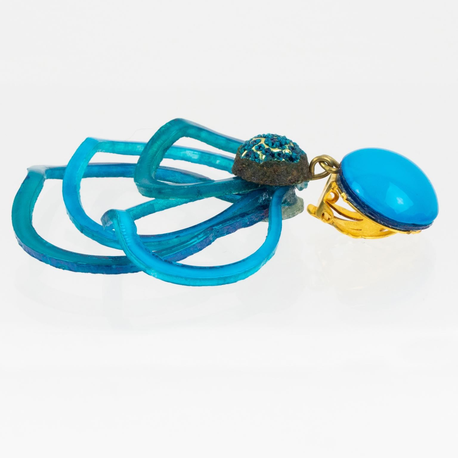Cilea Paris Turquoise Resin Dangle Clip Earrings For Sale 2
