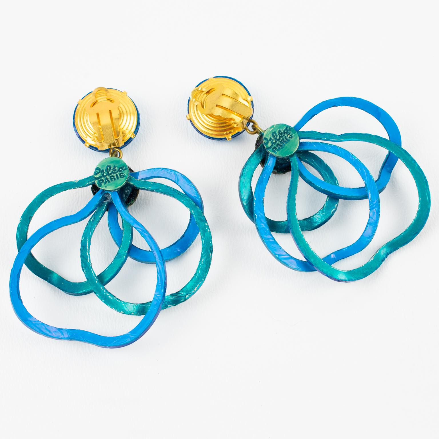 Cilea Paris Turquoise Resin Dangle Clip Earrings In Excellent Condition For Sale In Atlanta, GA