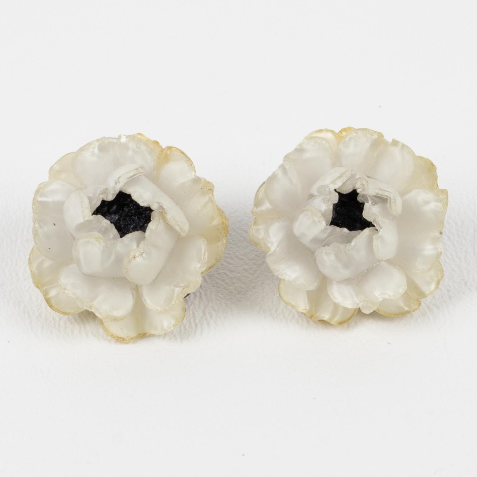 Romantic Cilea Paris White Rose Resin Clip Earrings For Sale