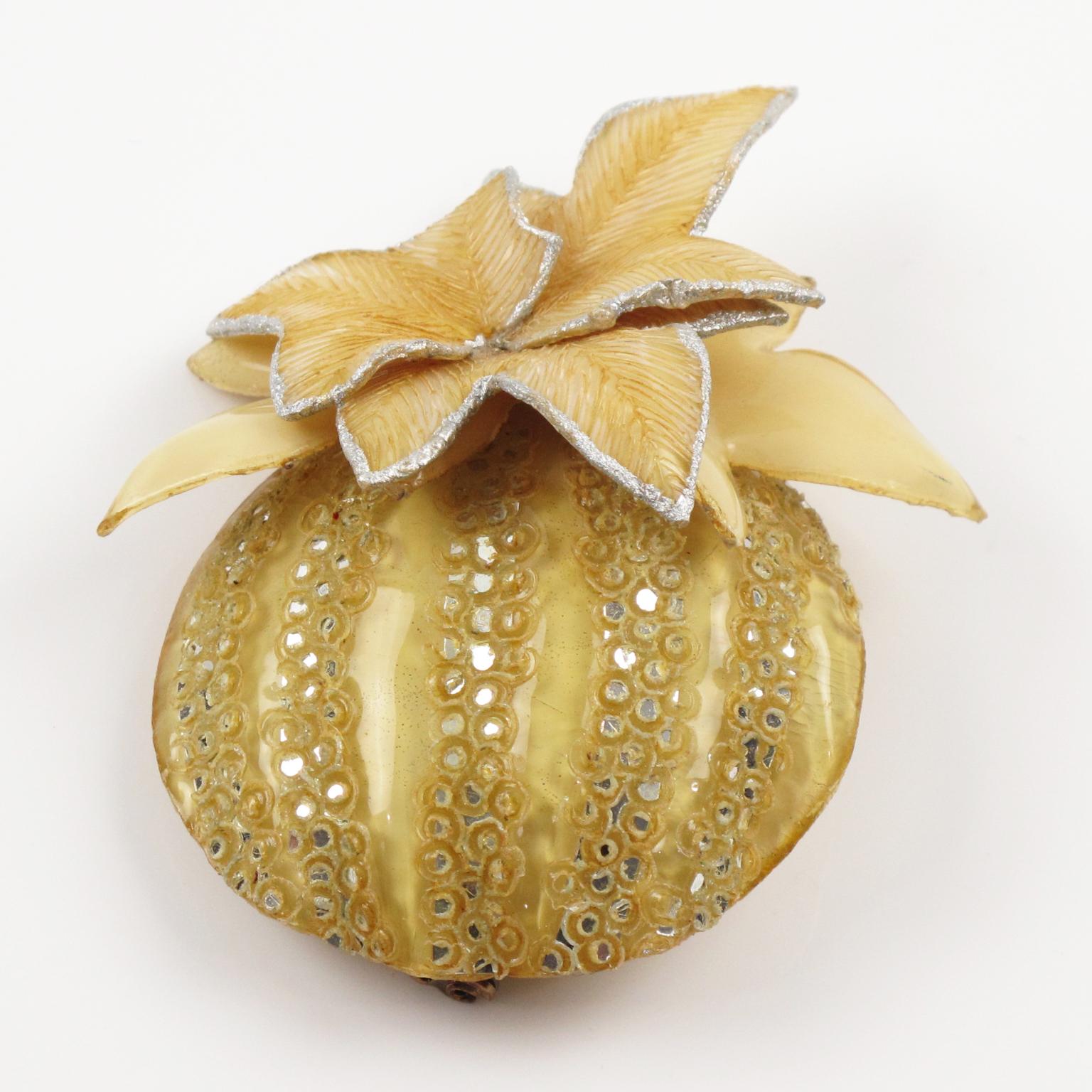 Romantic Cilea Paris Yellow and Glitter Pumpkin Resin Brooch For Sale