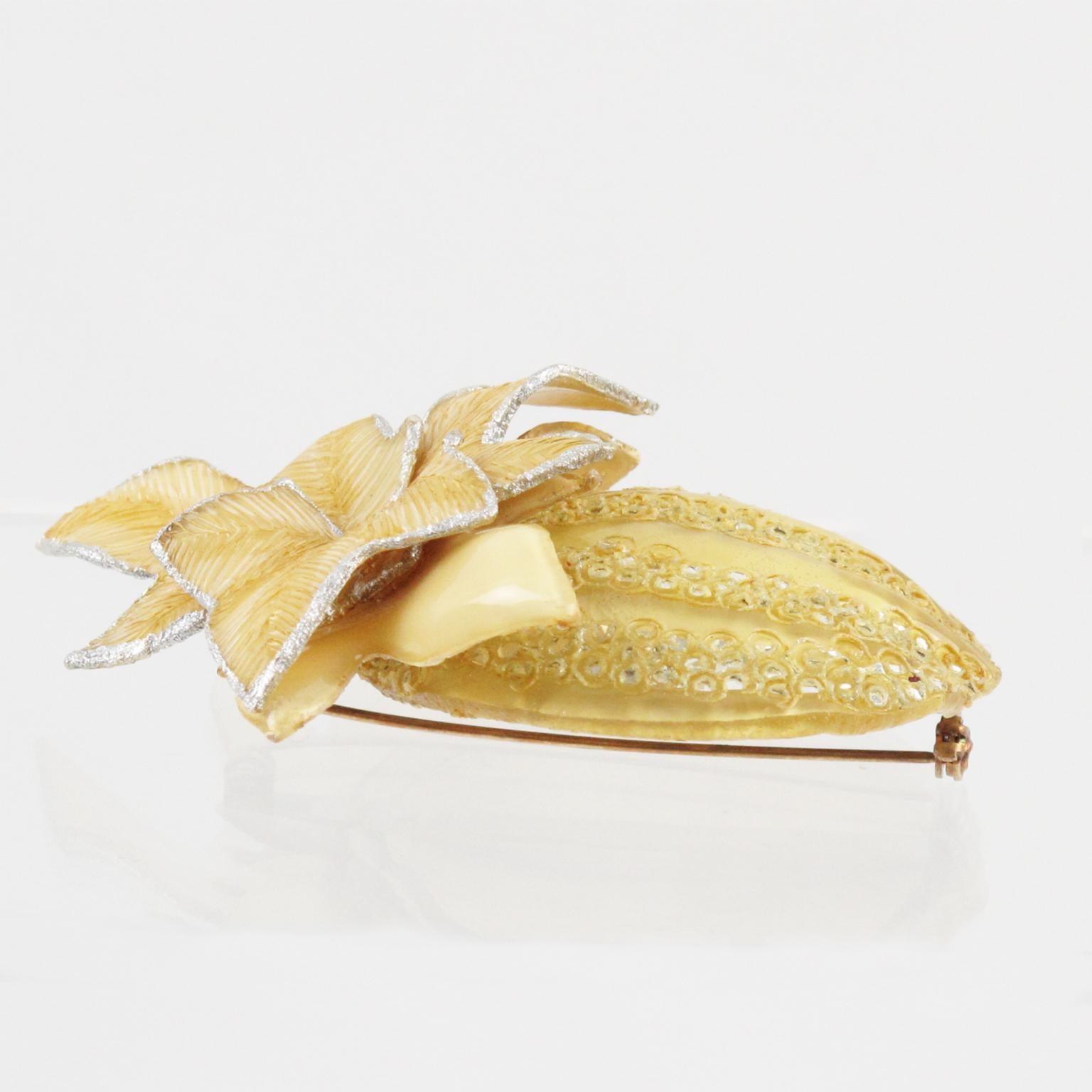Cilea Paris Yellow and Glitter Pumpkin Resin Brooch For Sale 3