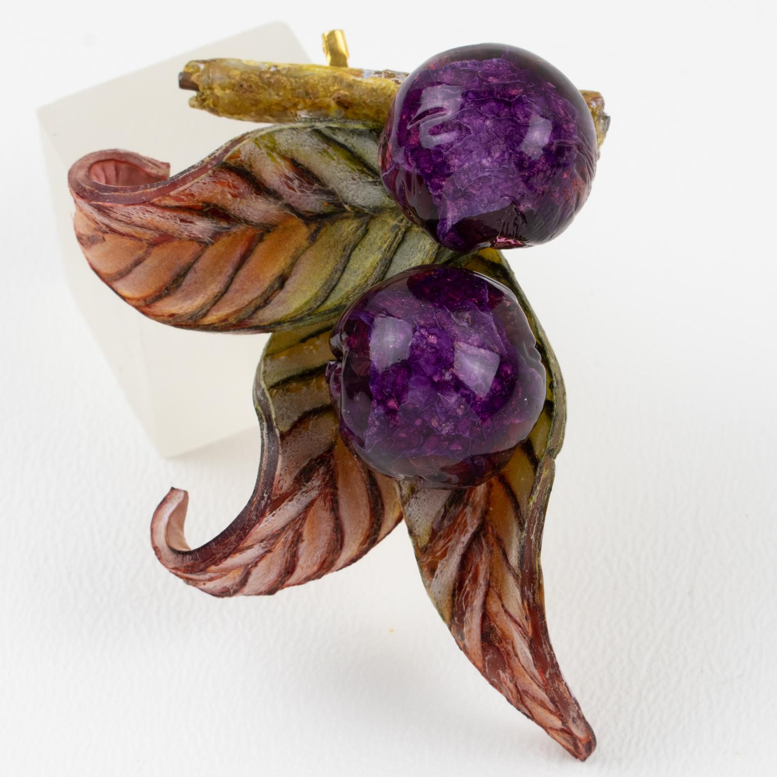 Cilea Purple and Green Resin Floral Brooch In Excellent Condition For Sale In Atlanta, GA