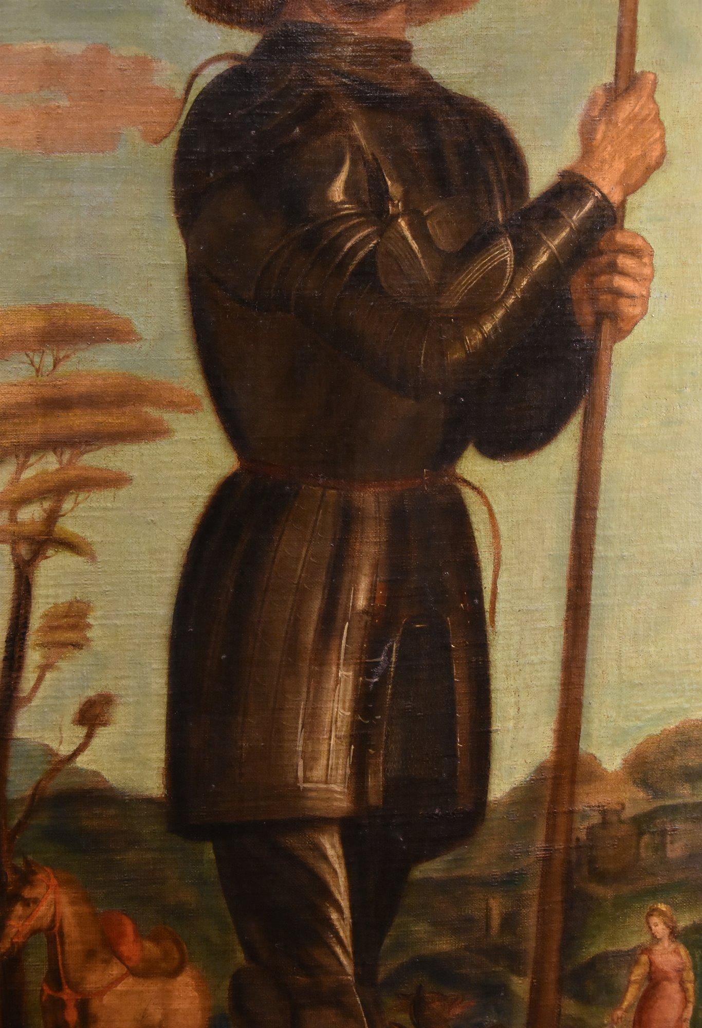 Saint George
Ein Anhänger von Giovanni Battista Cima, bekannt als Cima da CONEGLIANO (Conegliano ca. 1449 - Conegliano ca. 1517)

Öl auf Leinwand
126 x 49 cm.
Gerahmt 143 x 65 cm.

Das Gemälde verewigt den heiligen Georg, einen edlen Ritter des