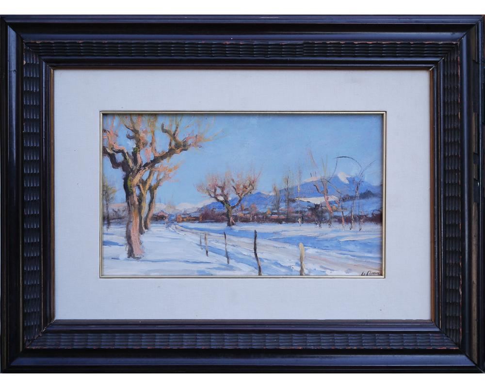 Snowy landscape

Measures: 23 cm x 36 cm (without frame) - oil on canvas 
9.1 in x 14.2 in (without frame)
Snowy Italian landscape (Valbelluna)

Luigi Cima was born in Villa di Villa (Belluno) on 5 January 1860, he died in Belluno on 1 January
