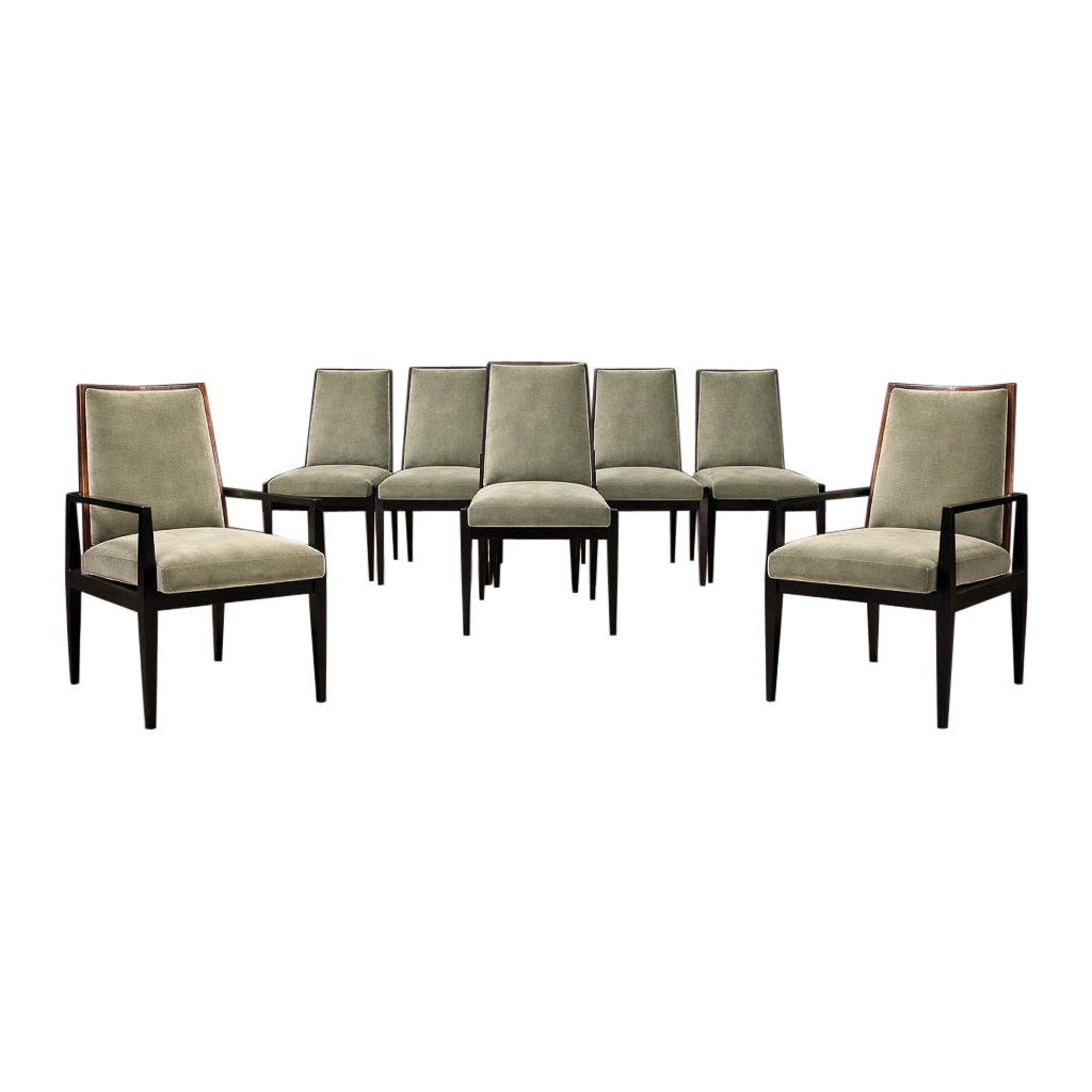 Cimo, Brazil, 1950s — Set of 8 Dining Chairs in Hardwood with Dusty Olive Mohair