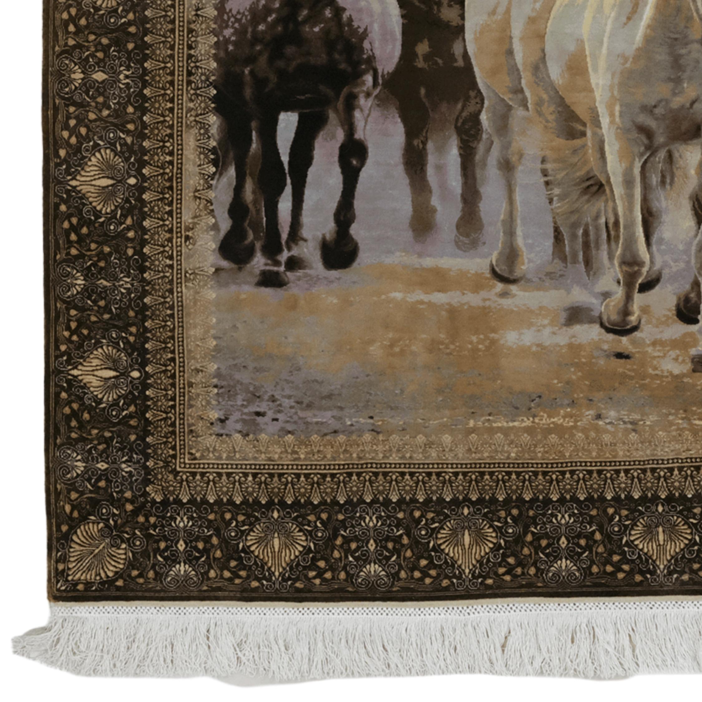 Tappeto di seta pittorico firmato Cinar del XX secolo

Tessuto a mano in seta presso il prestigioso Cinar Workshop di Hereke, questo magnifico tappeto pittorico si distingue per la sua maestria artigianale e il suo design sorprendente.
Al centro, la