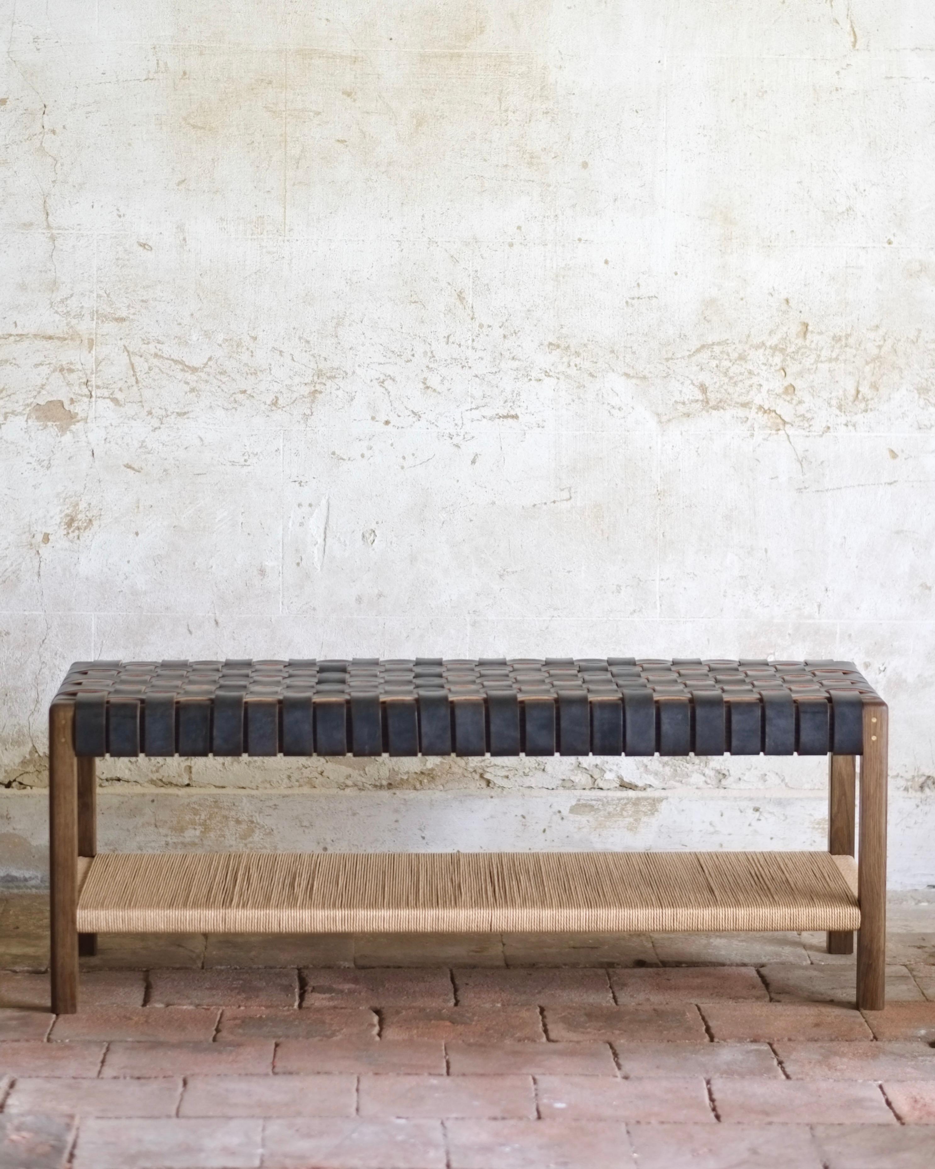 woven leather strap bench
