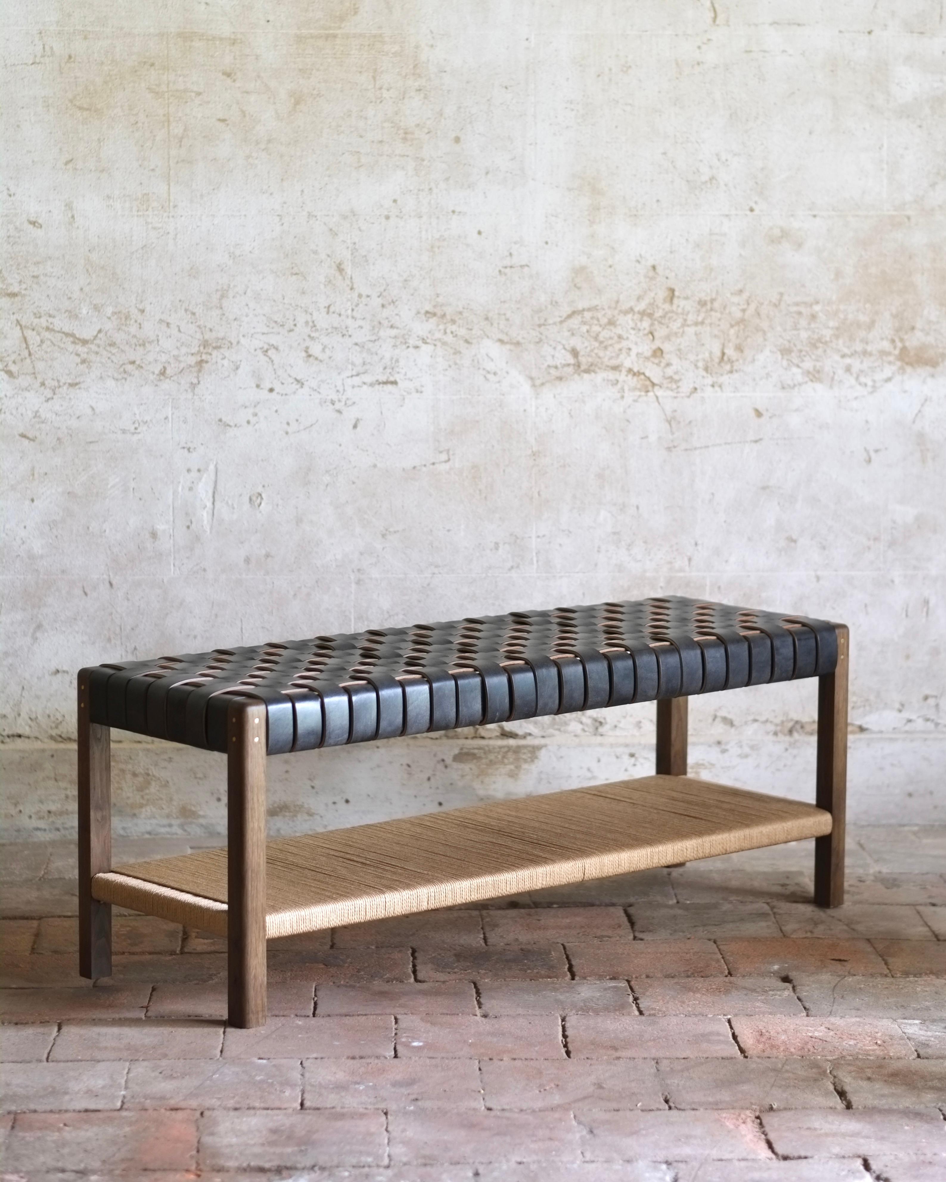 black leather woven bench
