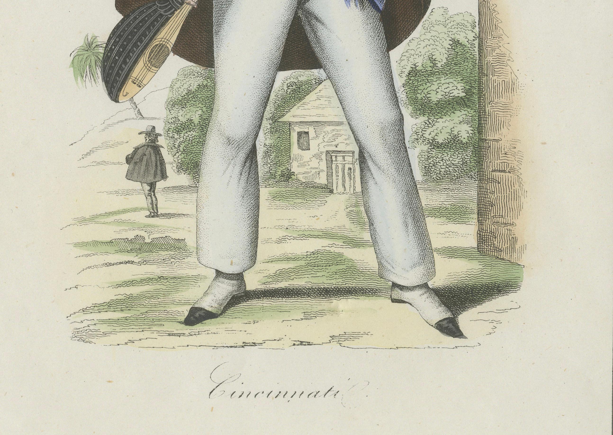 Cincinnati Costume Print – Antique Hand-Colored Lithograph, 1854

This antique hand-colored lithograph, published in 1854 in Album des Voyages Anciens et Modernes by Martial Ardant Frères, portrays a man from Cincinnati, a growing American city of