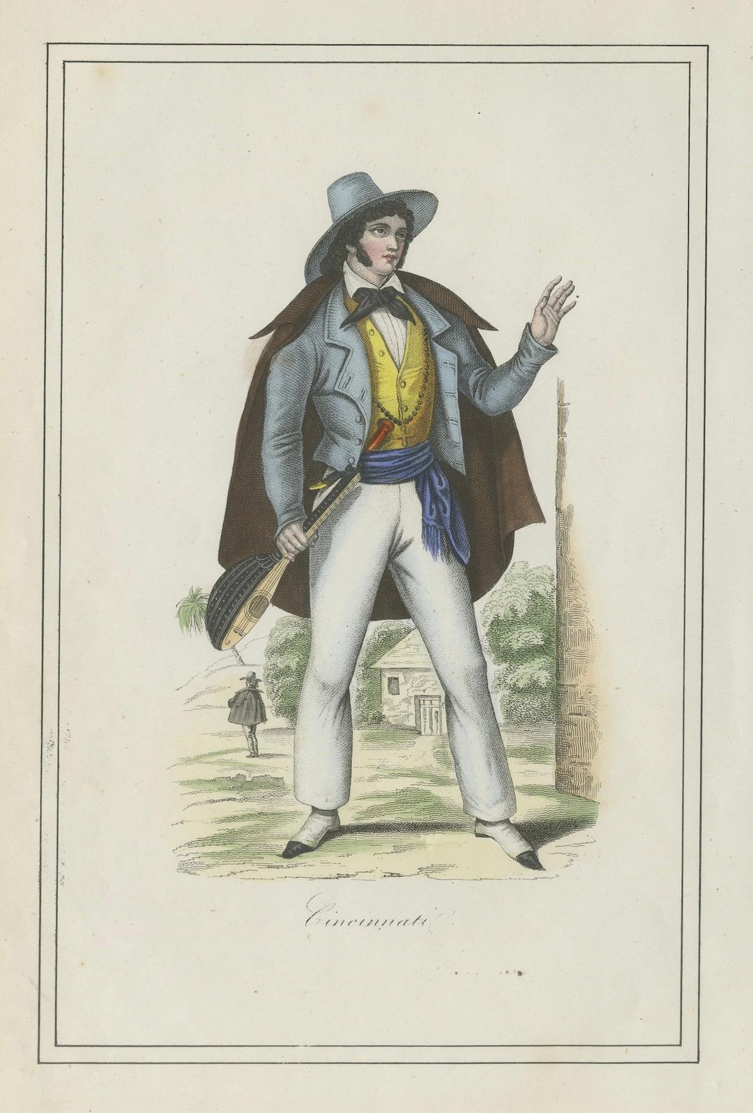 Paper Cincinnati Costume Print – Antique Hand-Colored Lithograph, 1854 For Sale