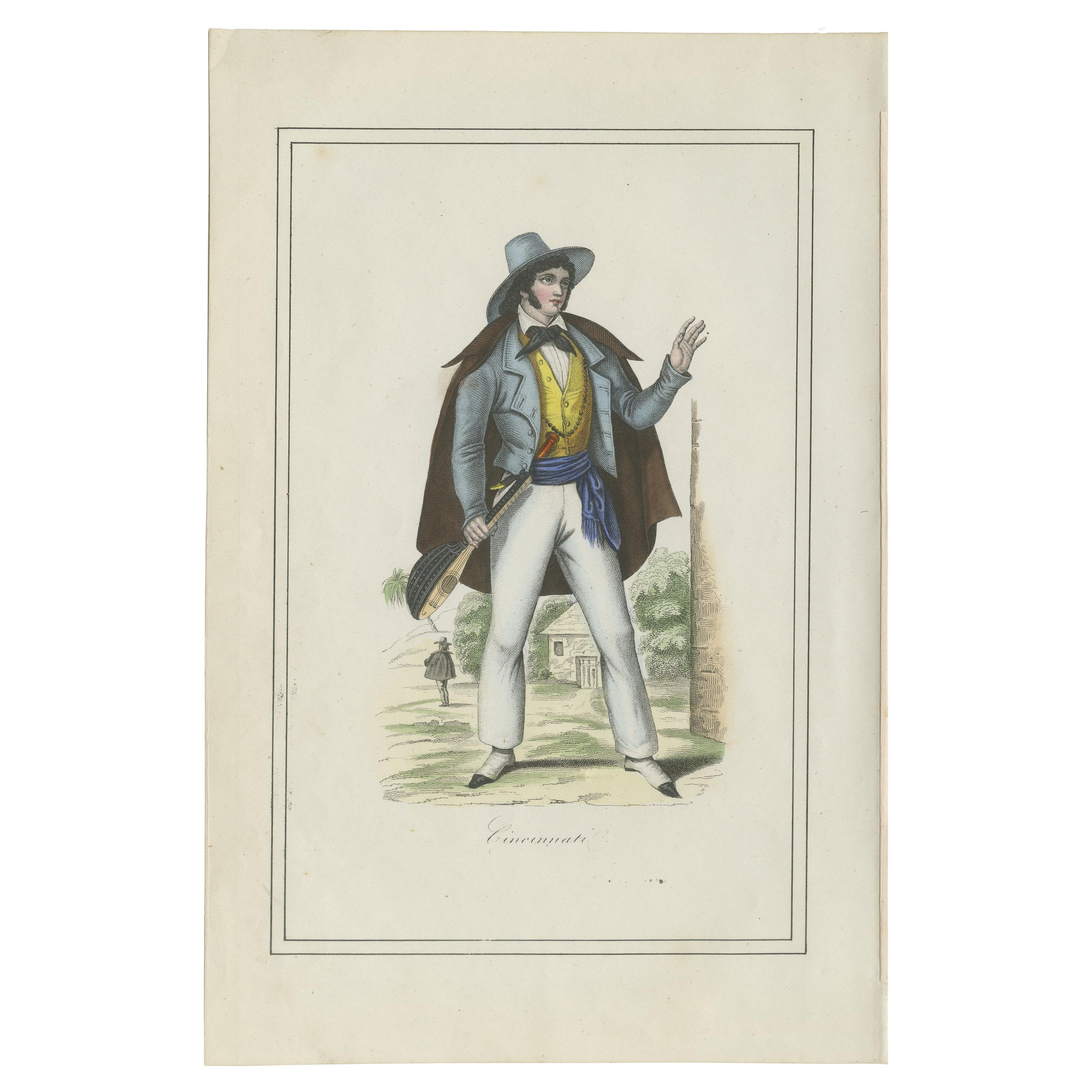 Cincinnati Costume Print – Antique Hand-Colored Lithograph, 1854 For Sale