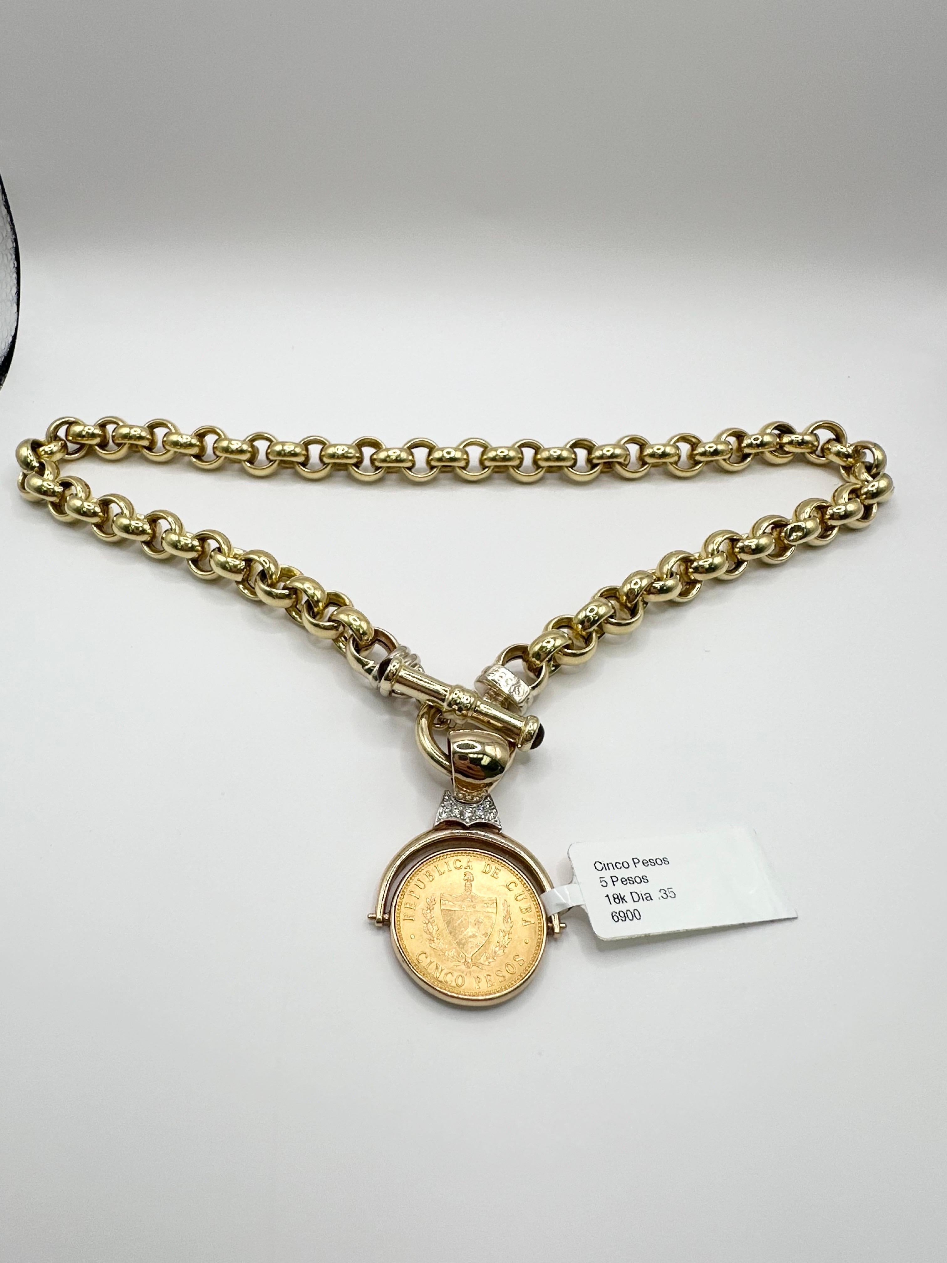Diamond necklace with 5 cents coin in the middle made in 18KT yellow gold! Stunning piece with large links on the chain! If you want the coin with pendant only please contact us and we can sell the coin pendant separately from the chain.

Metal
