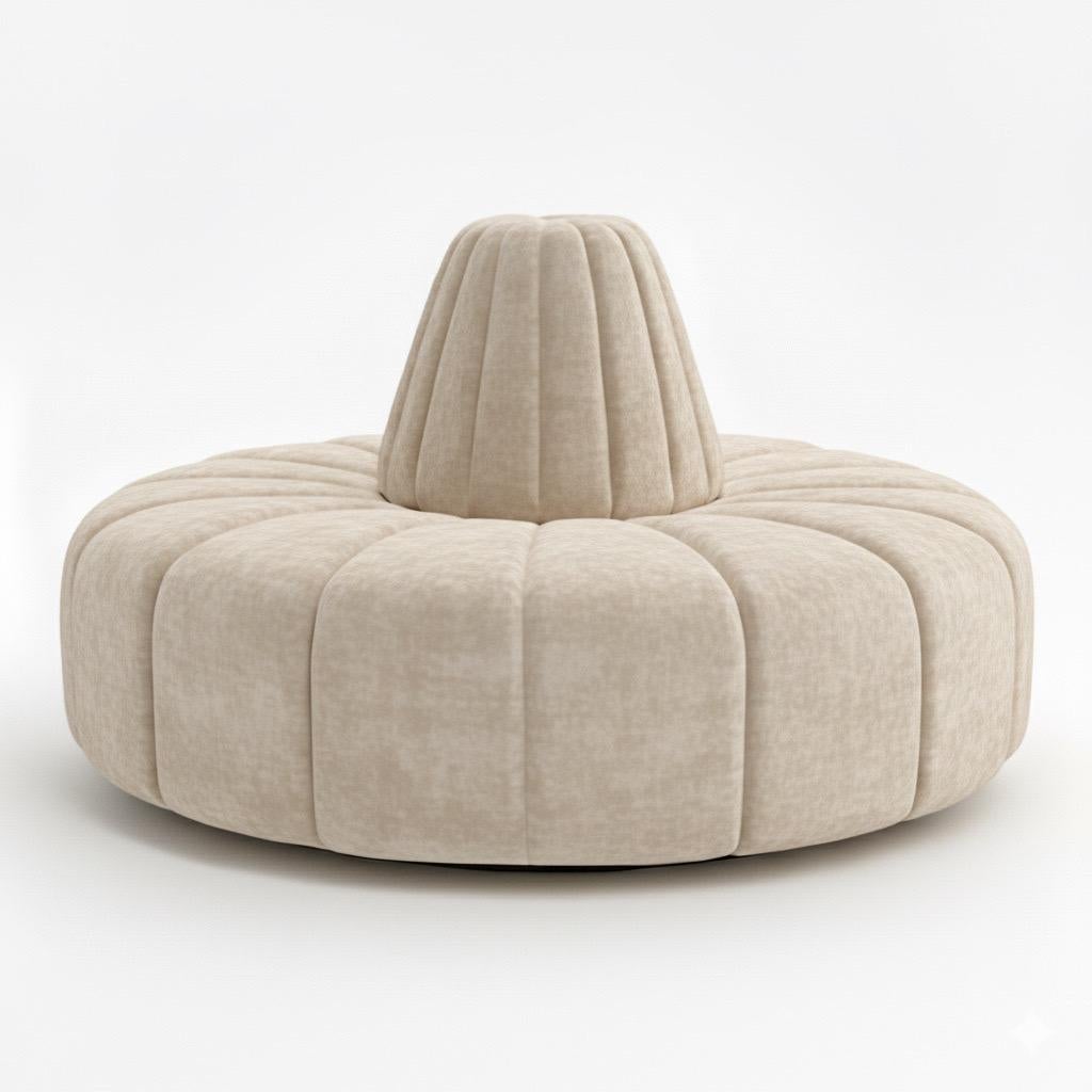 Made-to-Order original BJÖRK STUDIO-designed channeled circular round “Cinderella Bourne” settee with recessed block “hidden” legs in a dark espresso finish . Very comfortable and perfect for an entrance, reception, lobby seating, unique piece for a