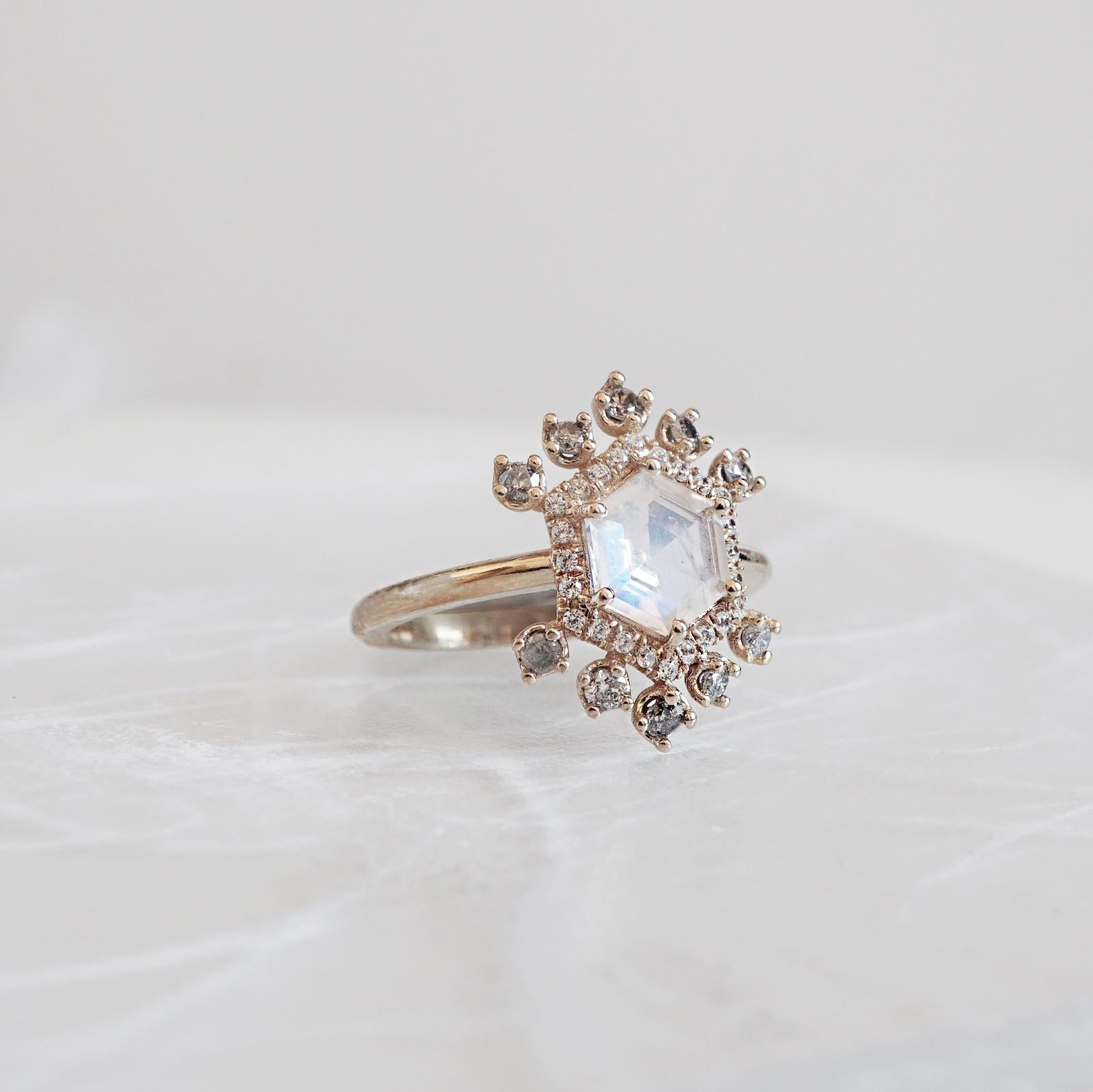 Contemporary Hexagon Moonstone & Grey Diamond Yellow Gold Ring For Sale