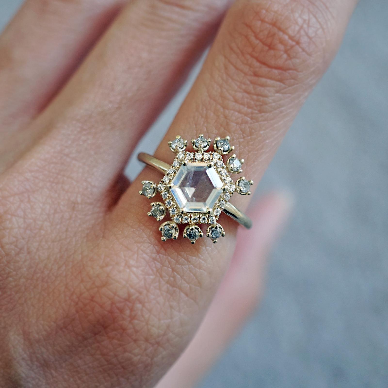 Hexagon Moonstone & Grey Diamond Yellow Gold Ring In New Condition For Sale In New York, NY