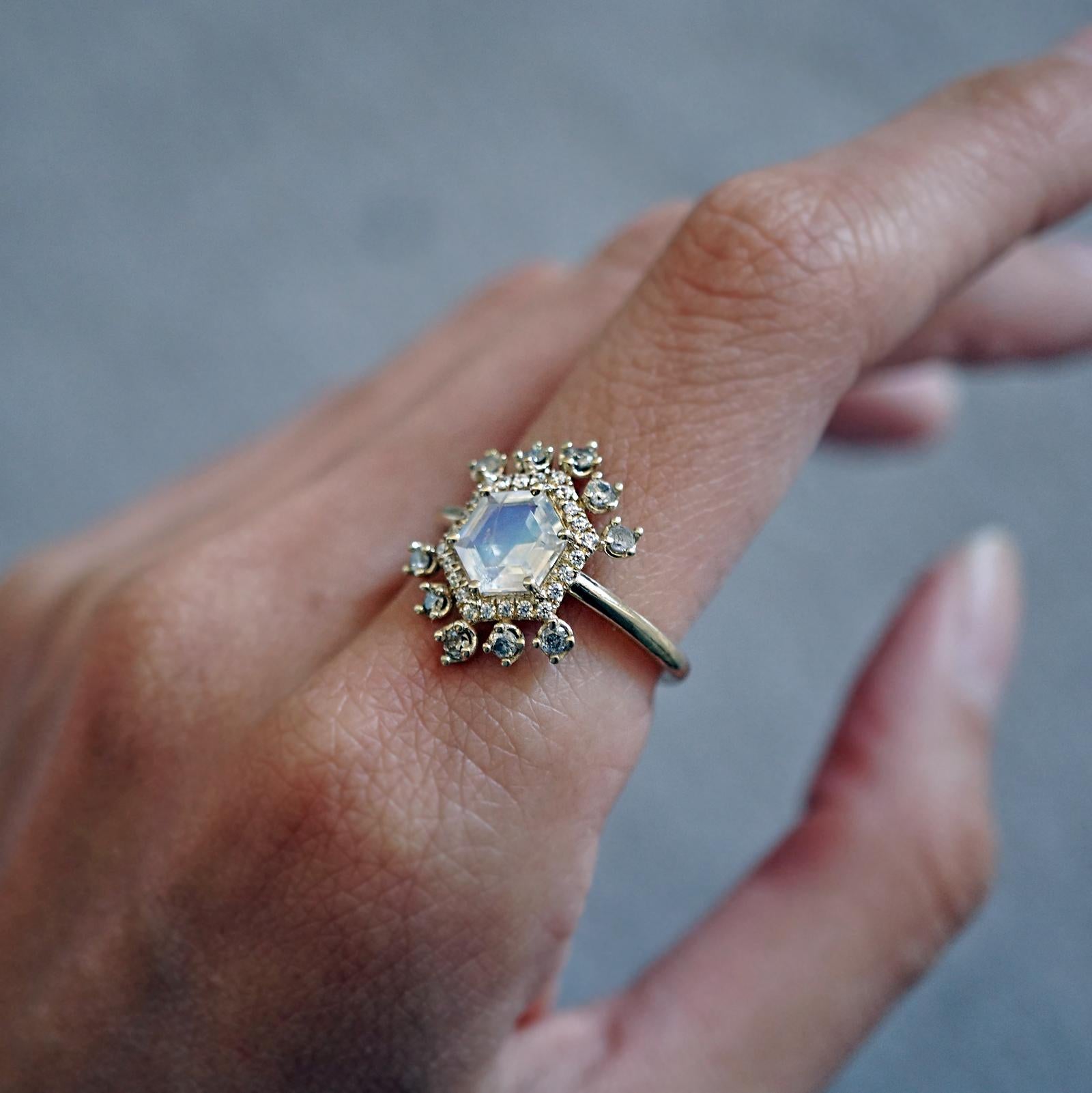 Women's Hexagon Moonstone & Grey Diamond Yellow Gold Ring For Sale