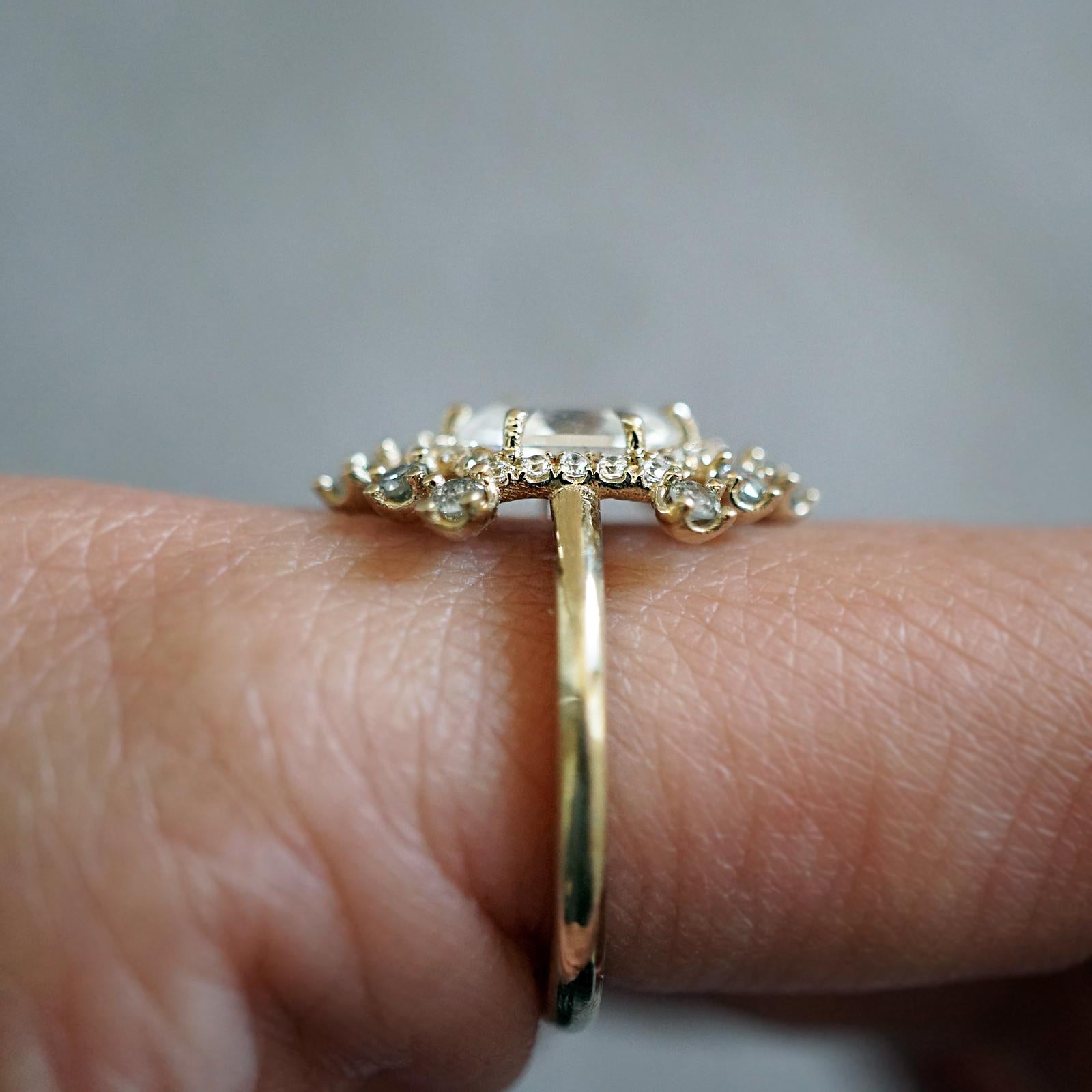 Hexagon Moonstone & Grey Diamond Yellow Gold Ring For Sale 1