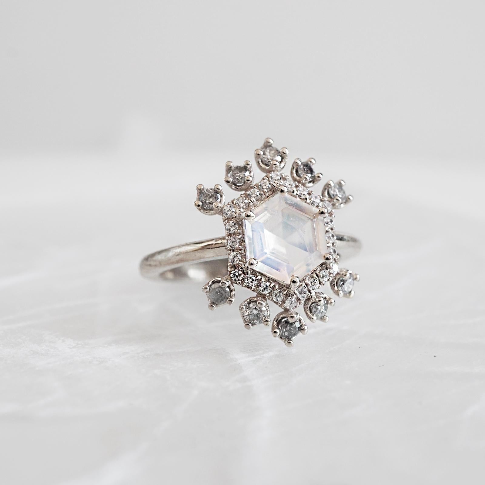 Hexagon Moonstone & Grey Diamond Yellow Gold Ring For Sale 2