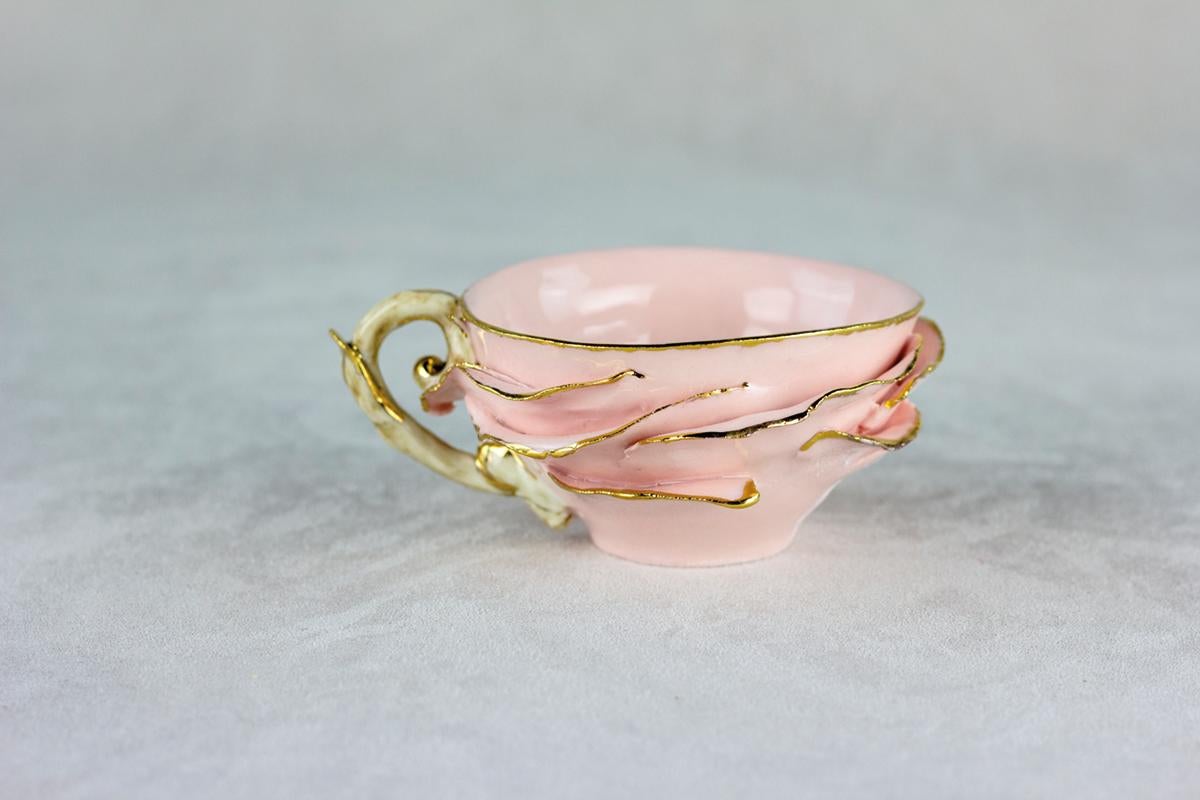 Baroque Cinderella Tea Service Teapot and Six Cups, Pink & Gold, Handmade in Italy, 2021 For Sale