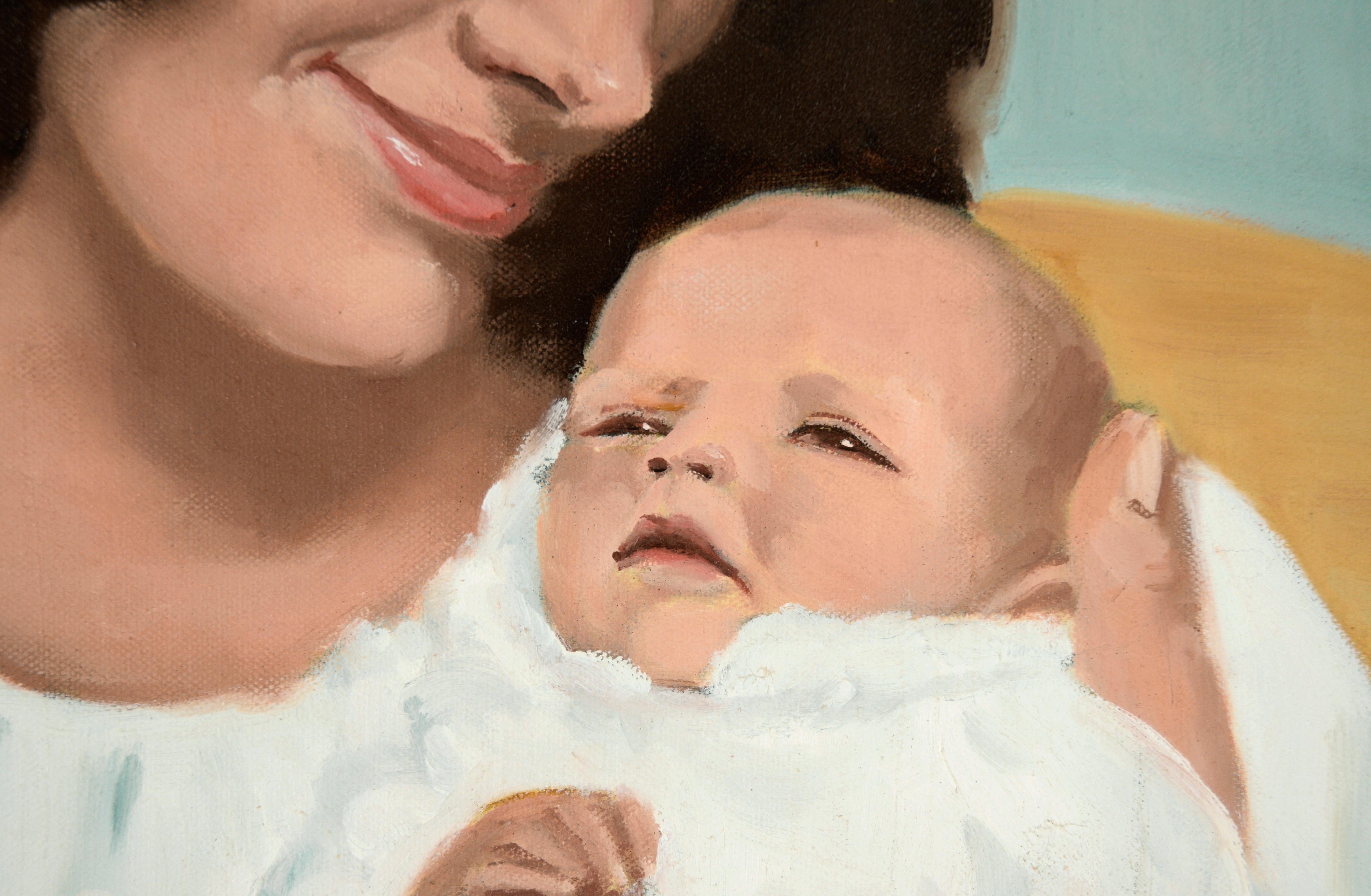 Porträt einer Frau und eines Kindes in Weiß – Öl auf Leinwand Natalie Wood im Angebot 1