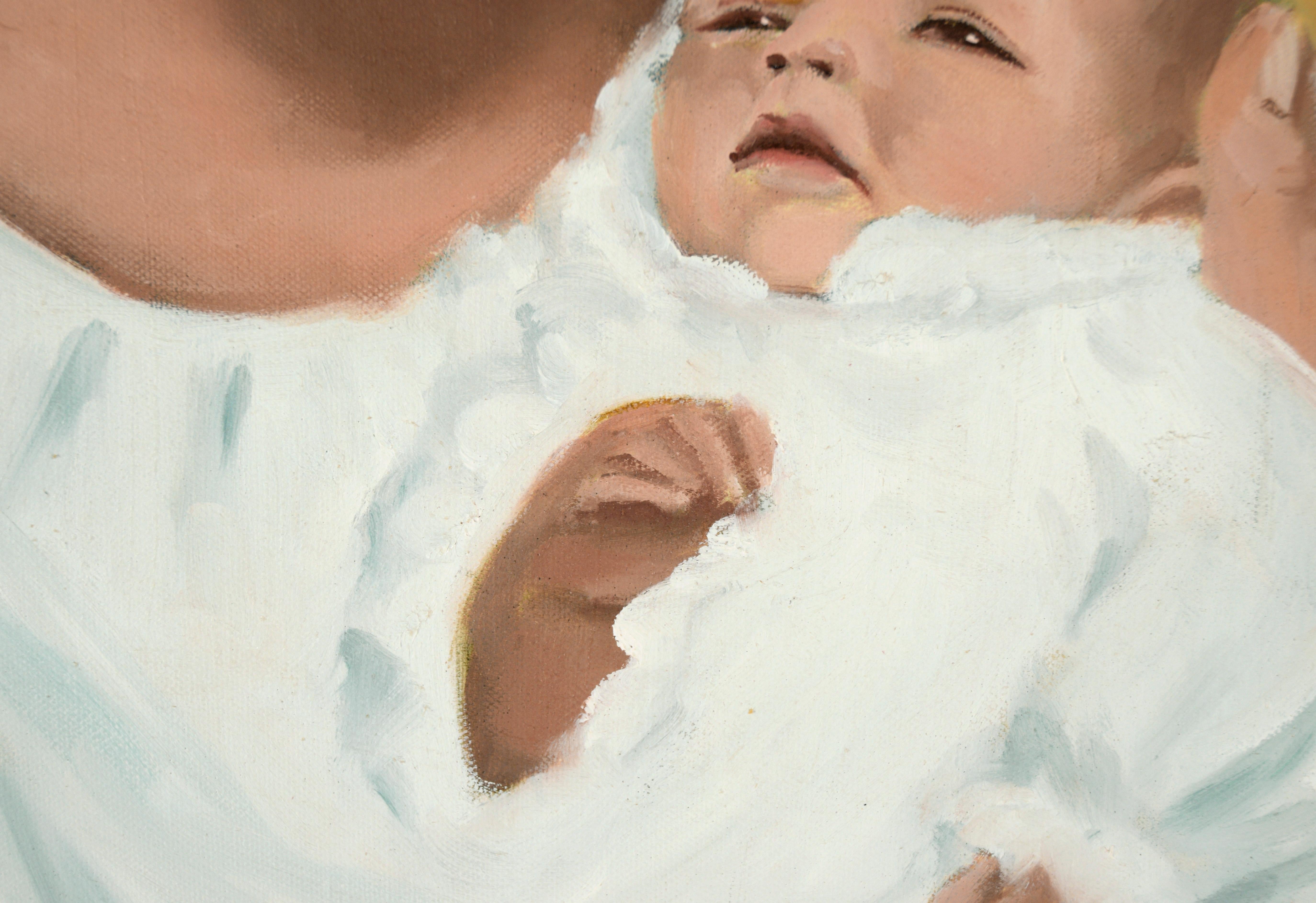 Porträt einer Frau und eines Kindes in Weiß – Öl auf Leinwand Natalie Wood im Angebot 2