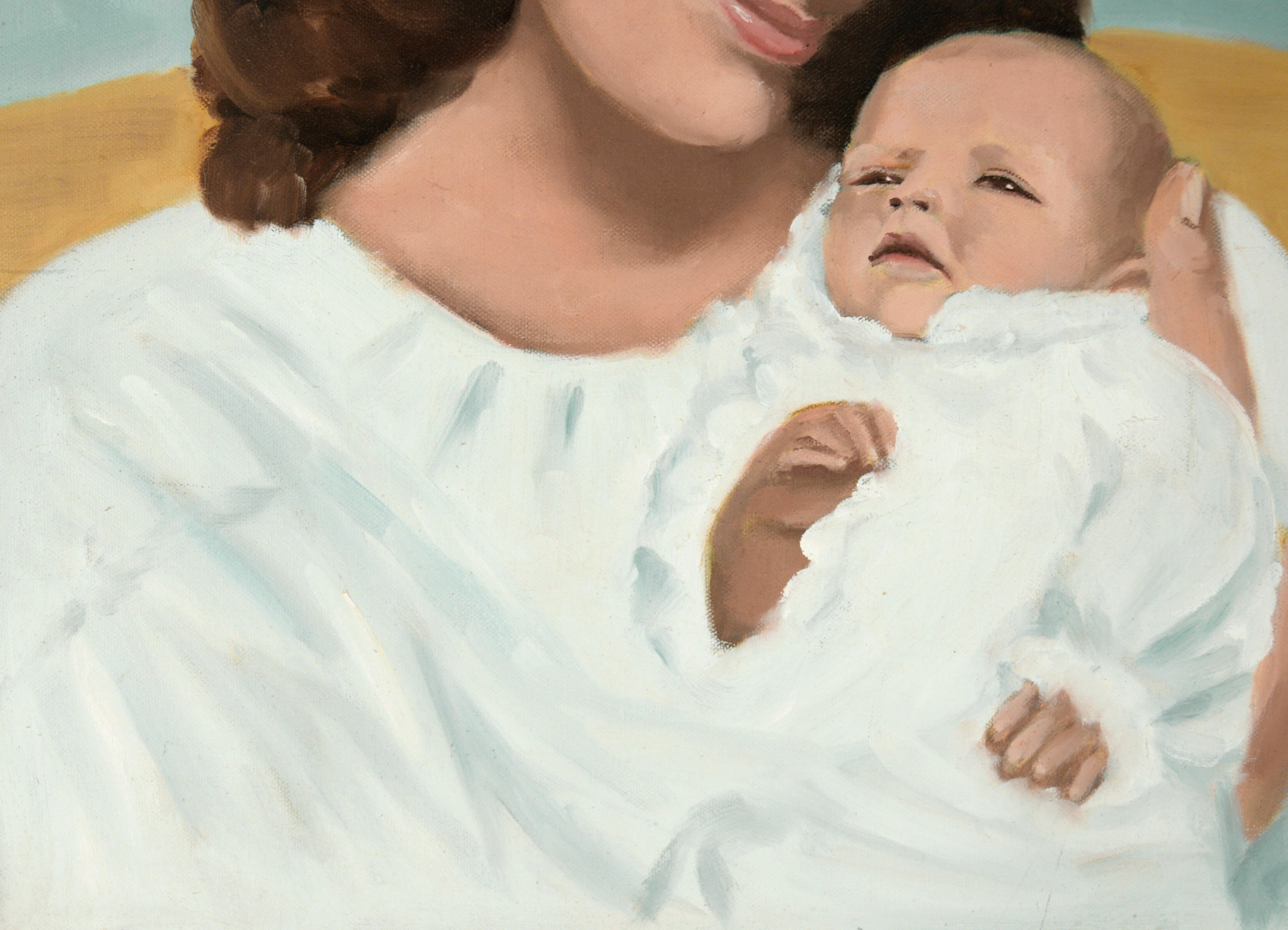 Porträt einer Frau und eines Kindes in Weiß – Öl auf Leinwand Natalie Wood im Angebot 3