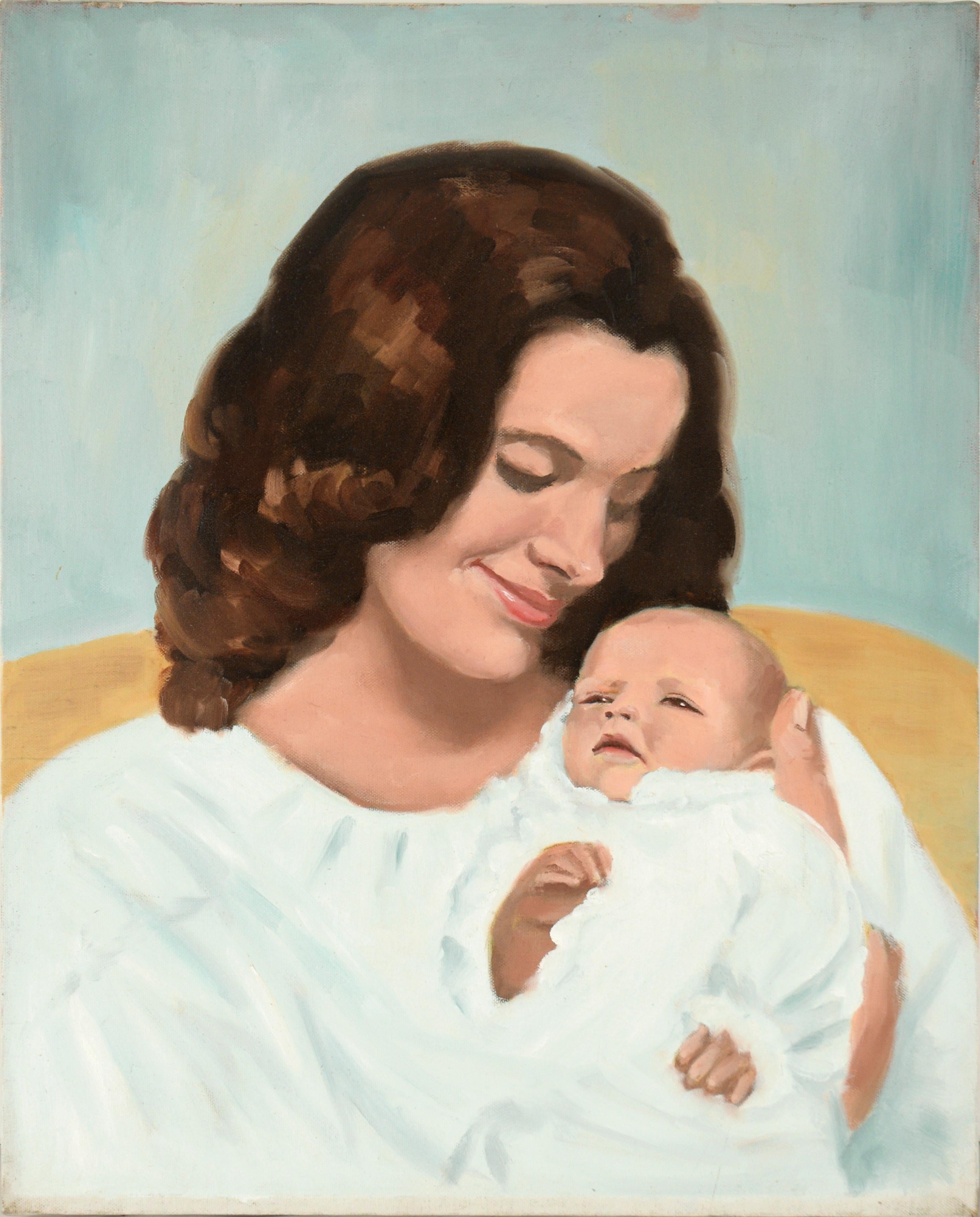Cindy Gin Figurative Painting - Portrait of a Woman and Infant in White - Oil on Canvas Natalie Wood