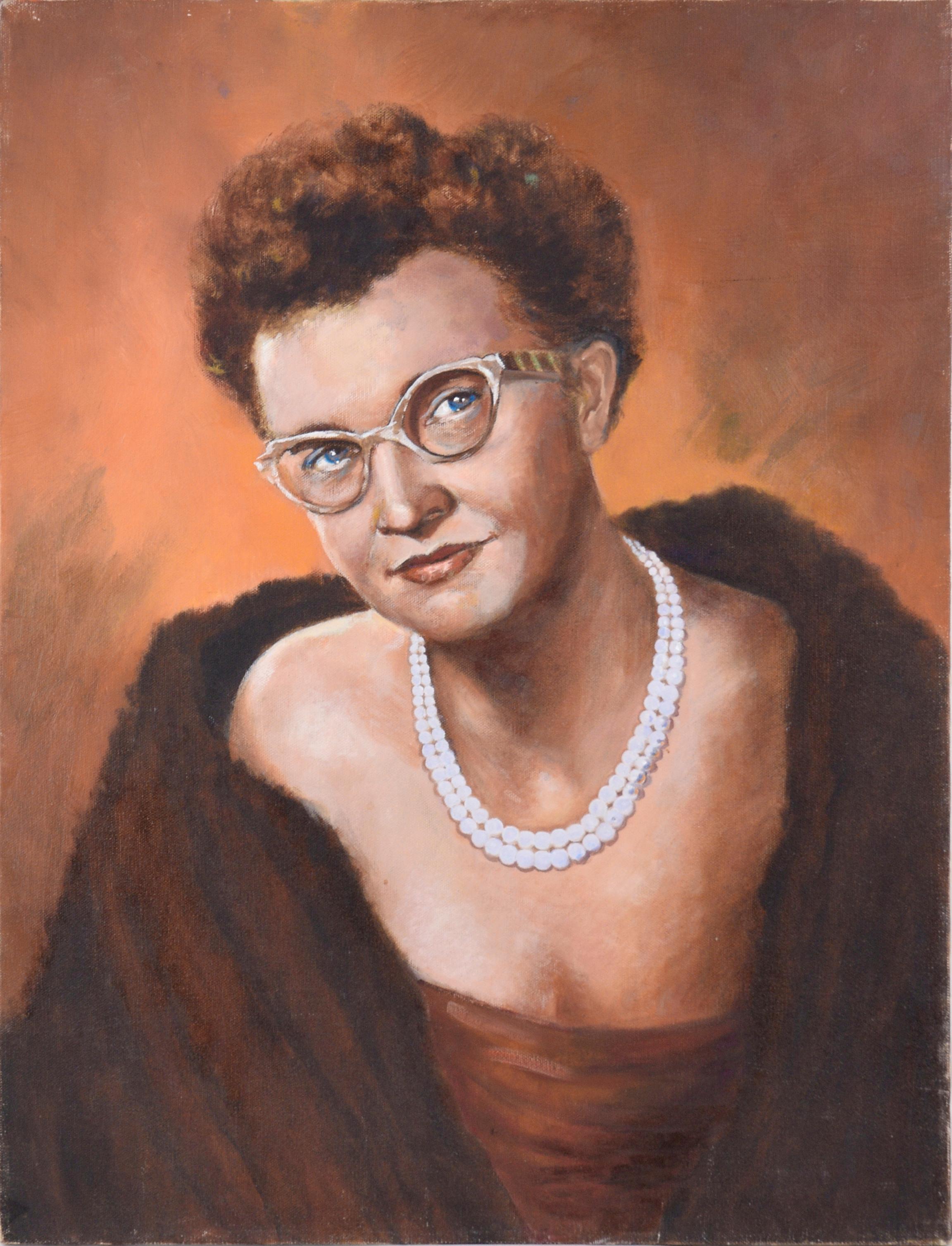Cindy Gin Portrait Painting – Porträt einer Frau „Irene Handl“ mit Outfit im Stil der 1950er Jahre in Öl auf Leinwand 