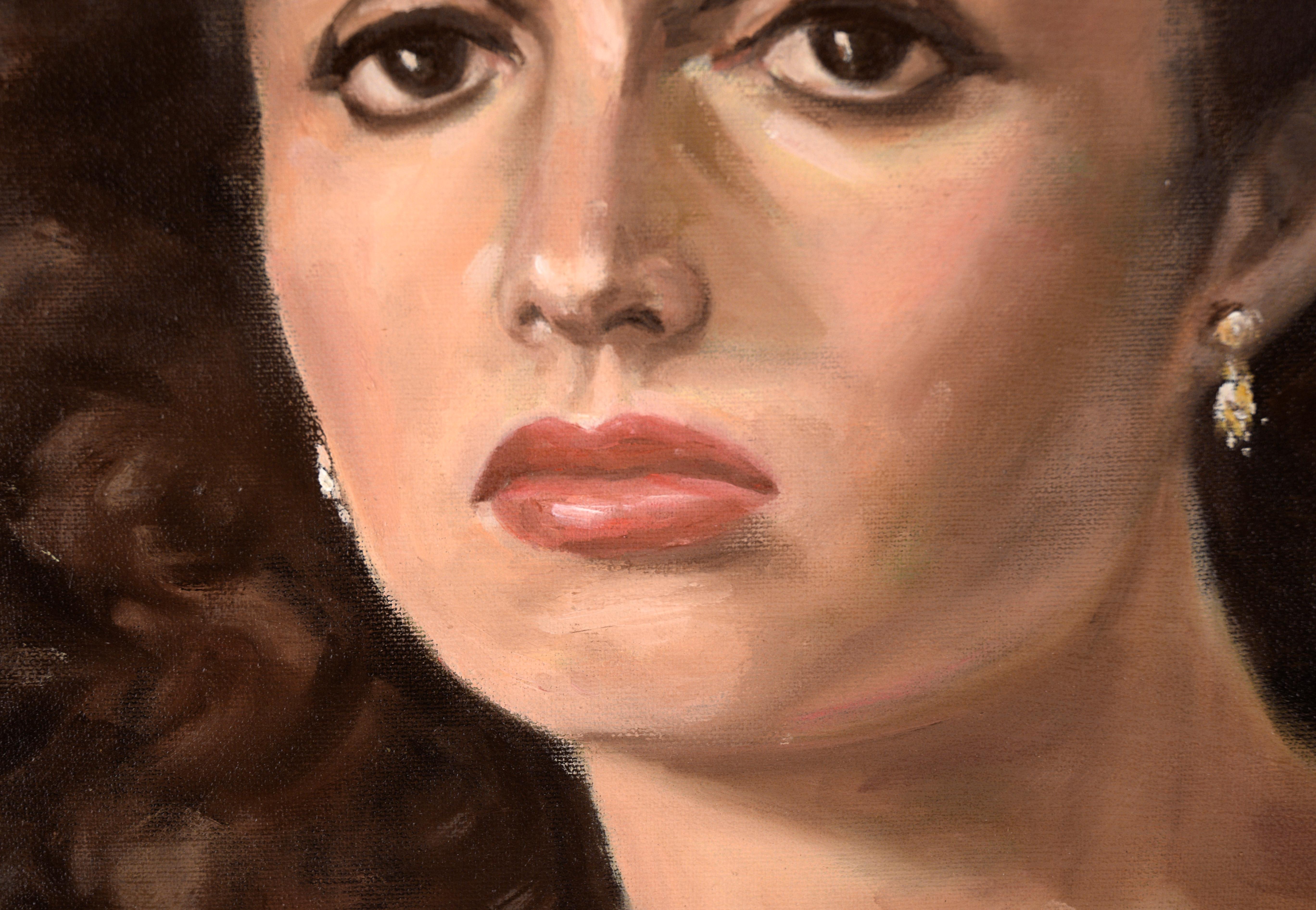 Portrait of a Woman with Curly Brown Hair in Oil on Canvas (Marie Osmond) - Realist Painting by Cindy Gin
