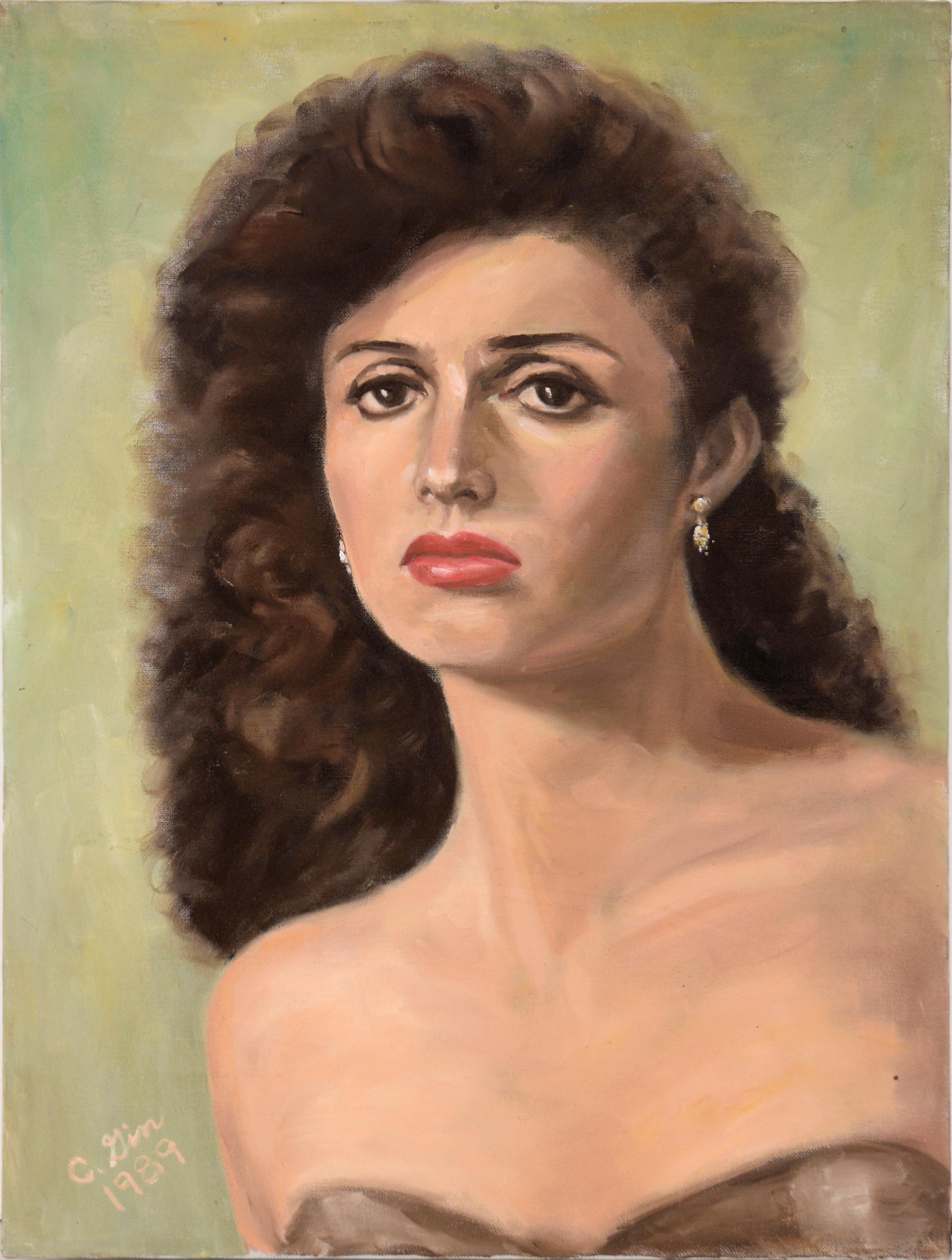 Cindy Gin Figurative Painting – Porträt einer Frau mit lockigem braunem Haar in Öl auf Leinwand (Marie Osmond)