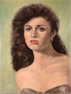 Portrait d'une femme aux cheveux bruns bouclés à l'huile sur toile (Marie Osmond)