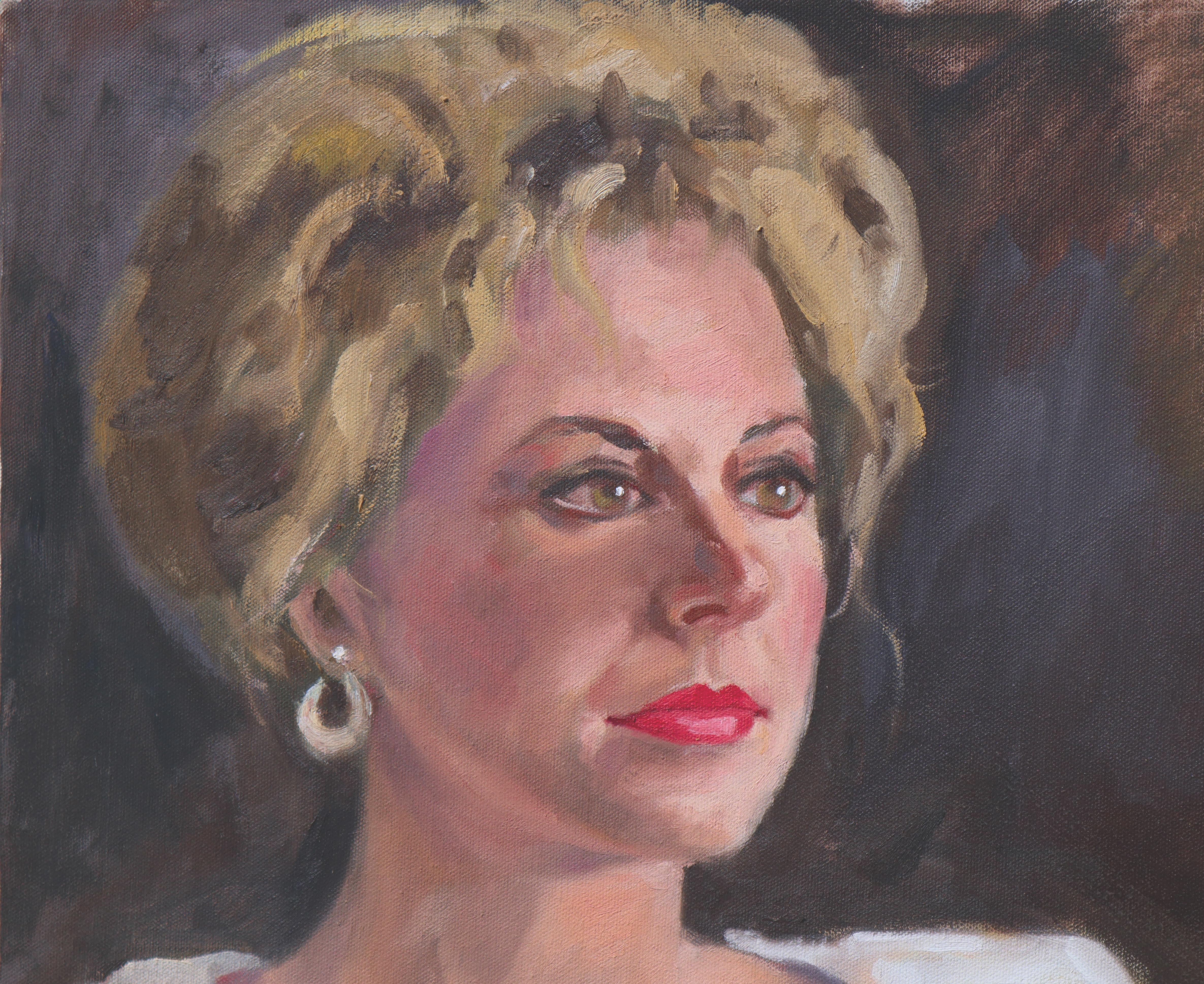 Portrait of a Woman with Blonde Hair and White Ruffled Shirt  - Painting by Cindy Gin