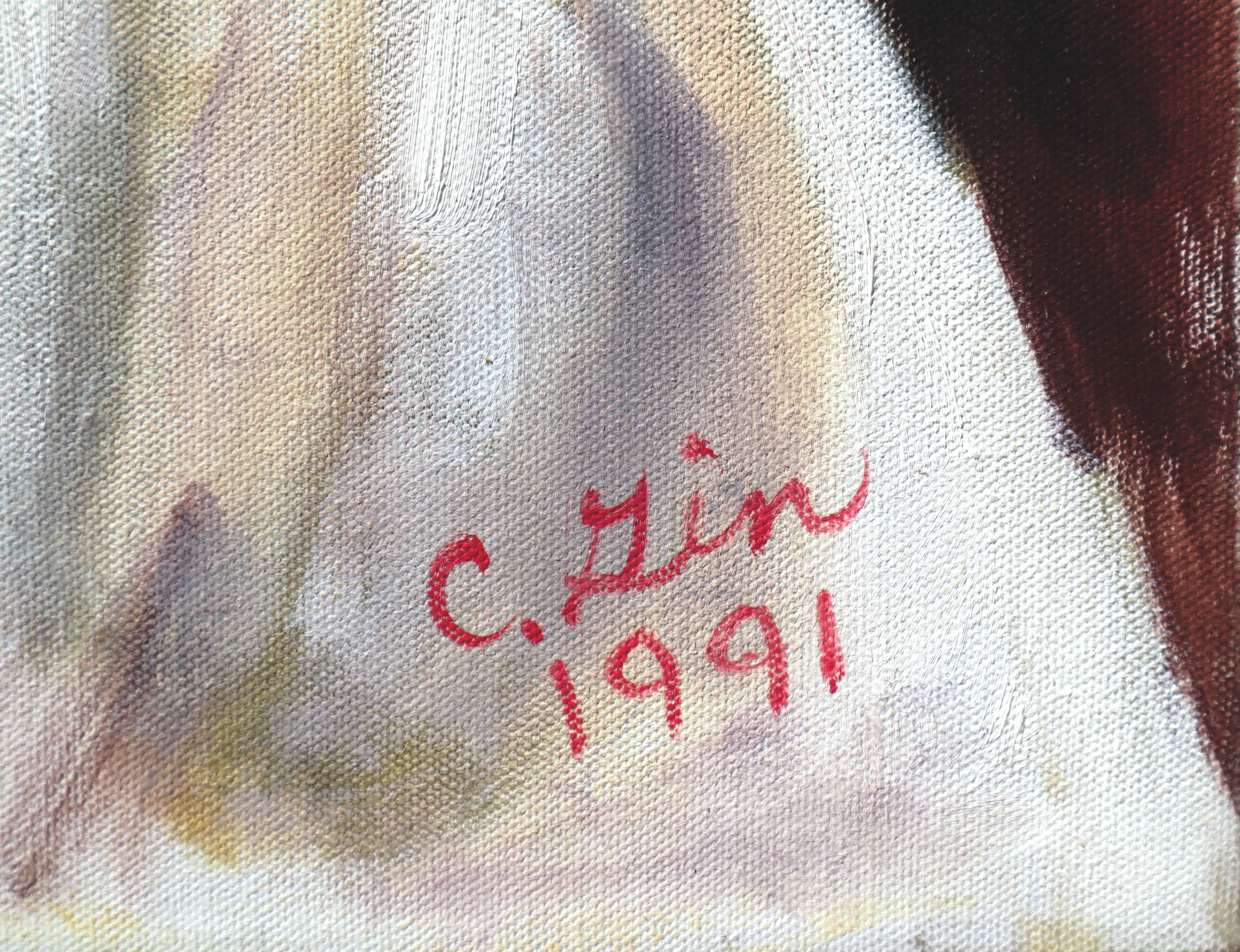 Retrato de mujer con pelo rubio y camisa blanca con volantes - Portrait Painting Marrón de Cindy Gin