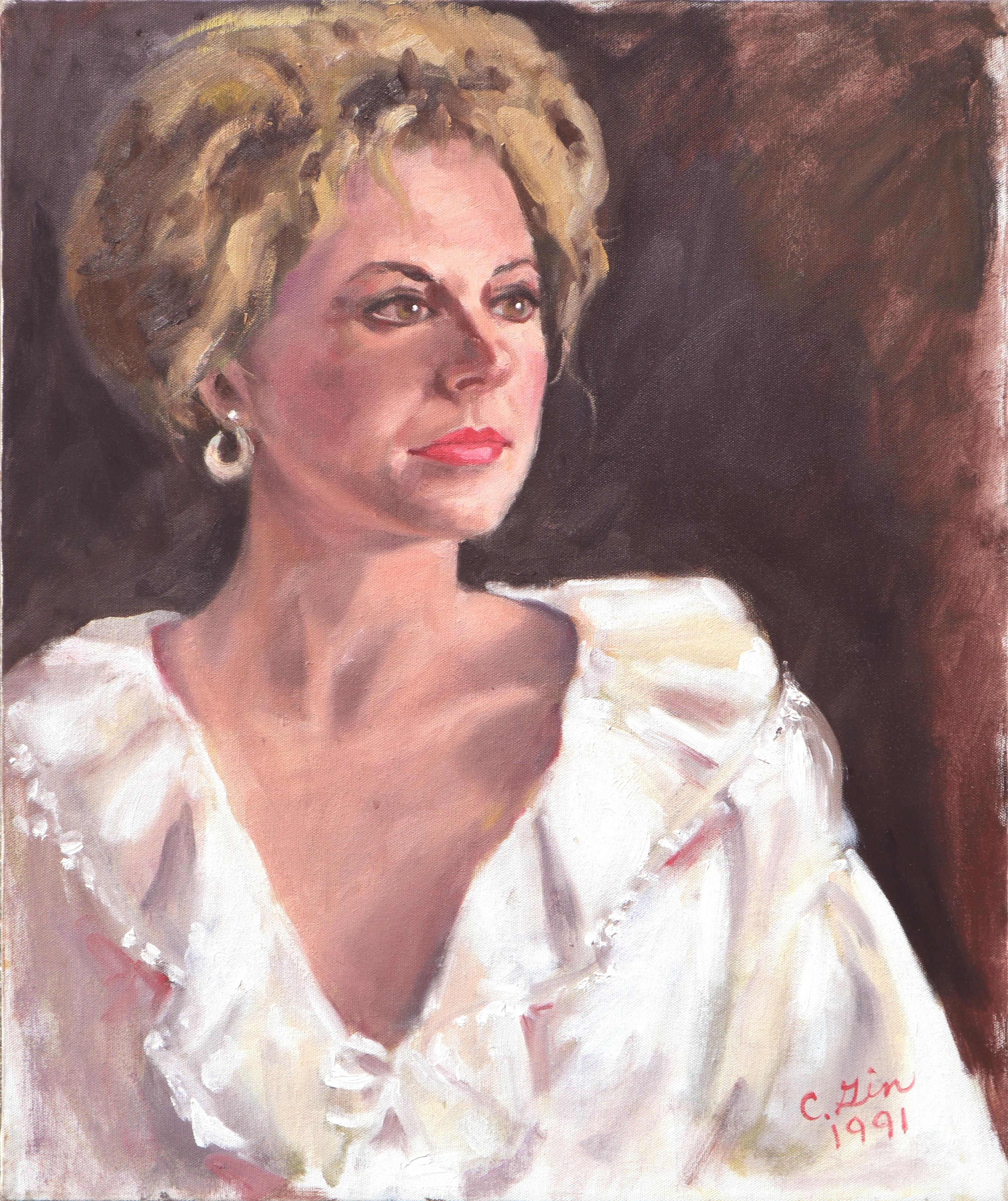 Cindy Gin Portrait Painting - Portrait of a Woman with Blonde Hair and White Ruffled Shirt 