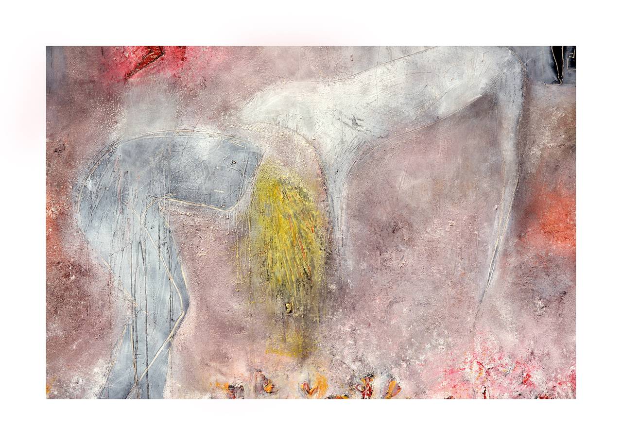 Femme, chien et fleurs de printemps, abstrait figuratif à grande échelle avec pétroglyphes  - Expressionnisme abstrait Painting par Cindy Kane