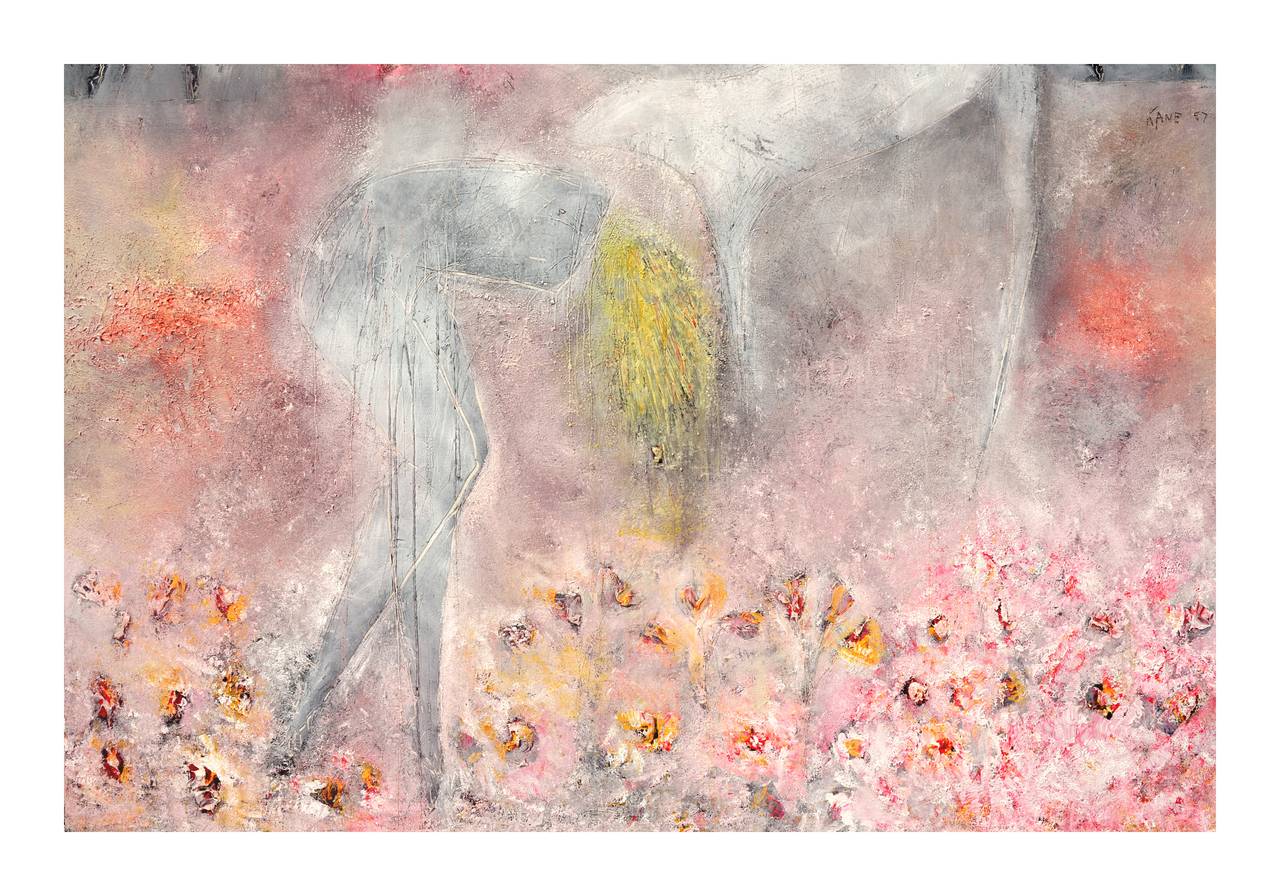 Femme, chien et fleurs de printemps, abstrait figuratif à grande échelle avec pétroglyphes  - Beige Figurative Painting par Cindy Kane