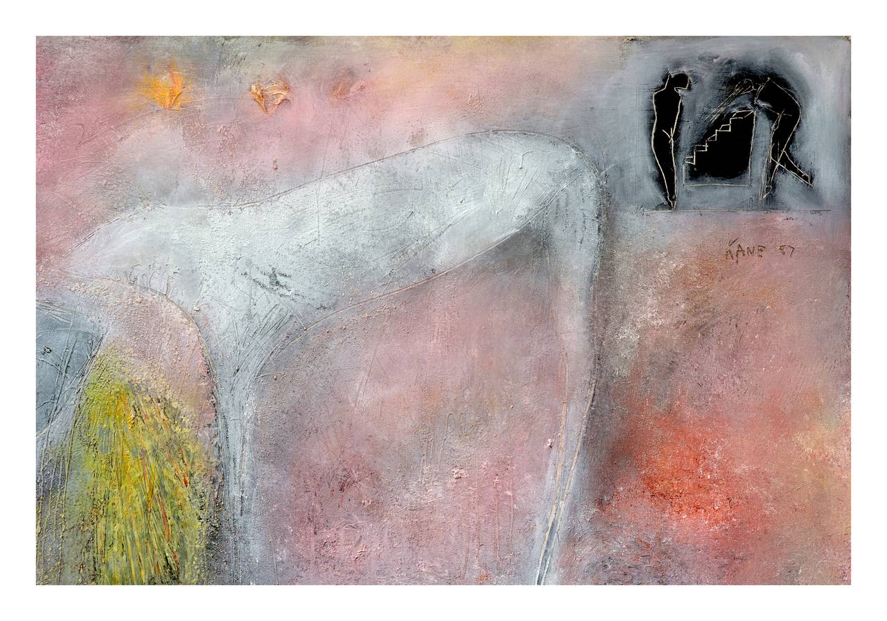 Femme, chien et fleurs de printemps, abstraction figurative à grande échelle avec pétroglyphes par Cindy Kane

Une peinture expressionniste abstraite à grande échelle absolument stupéfiante intitulée 