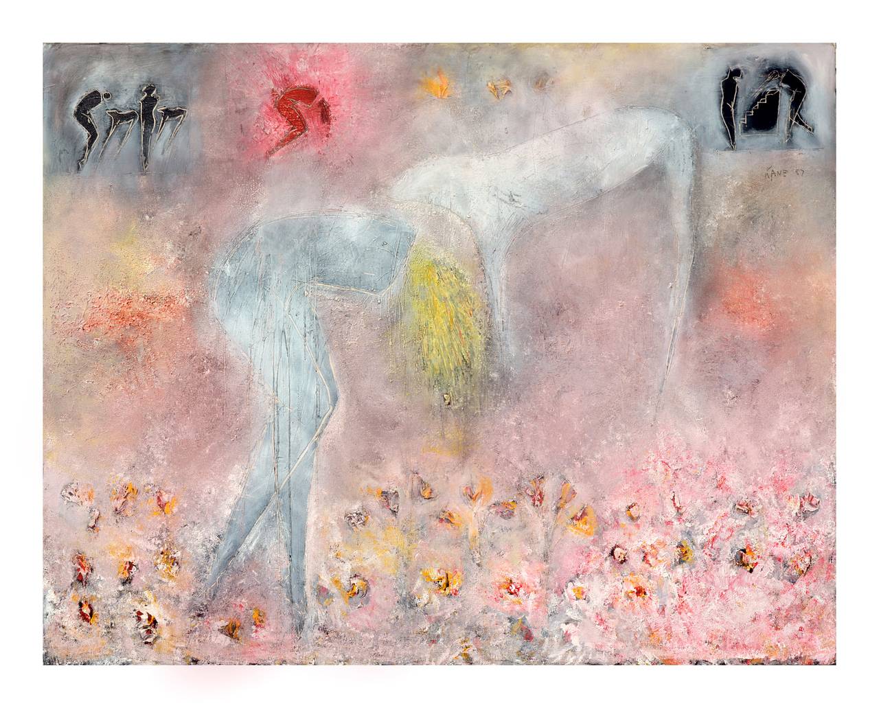 Frau, Hund und Frühlingsblumen, großformatige figurative abstrakte Skulptur mit Petroglyphen 