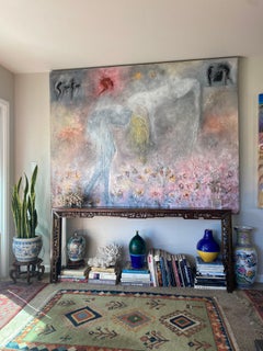 Femme, chien et fleurs de printemps - Peinture abstraite avec pétroglyphes
