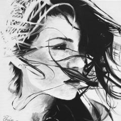 "Beautiful Lies" black and white oil painting of woman with hair blowing in wind